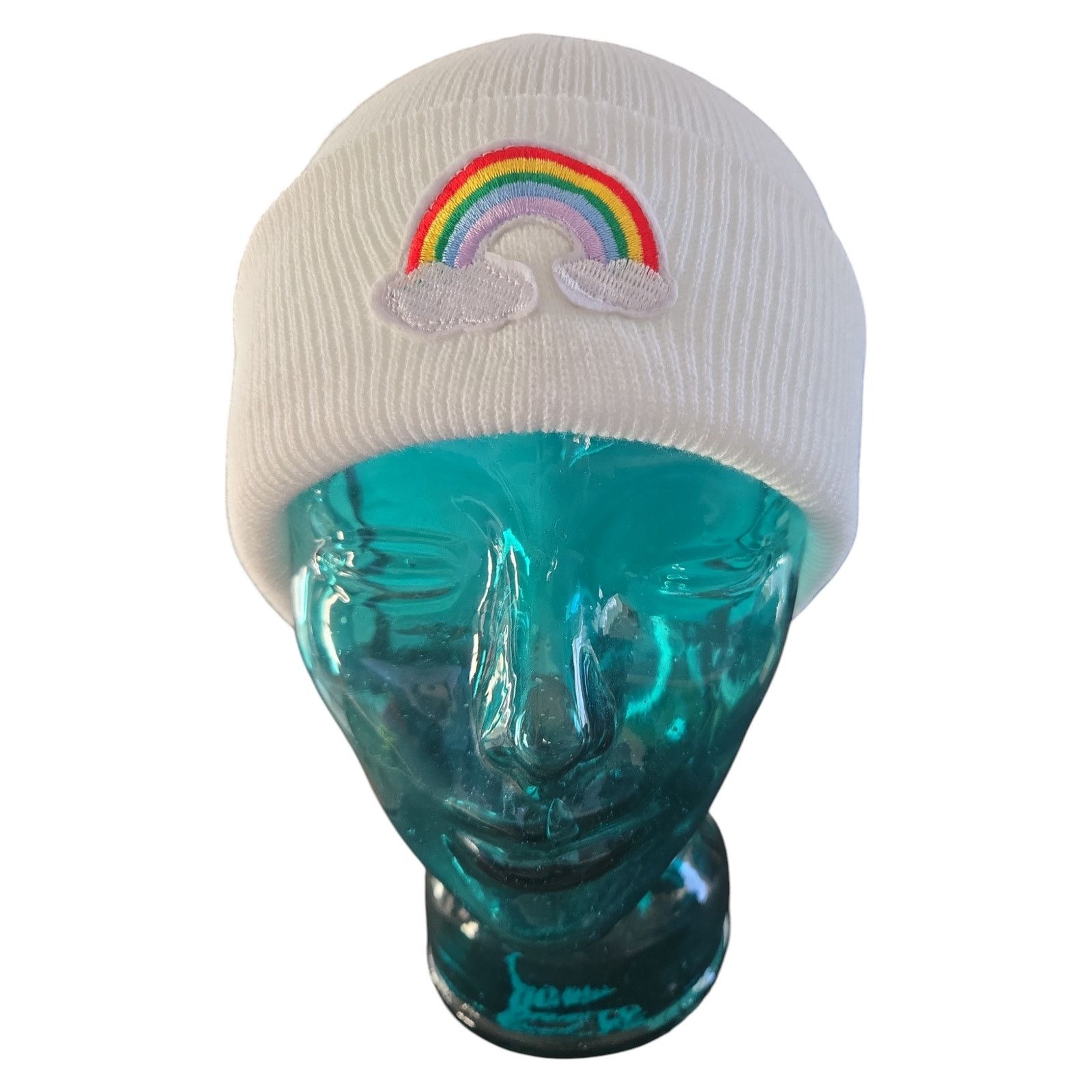 Other White Beanie with Rainbow and Puffy Clouds Patch | Size OS Size ONE SIZE - 1 Thumbnail