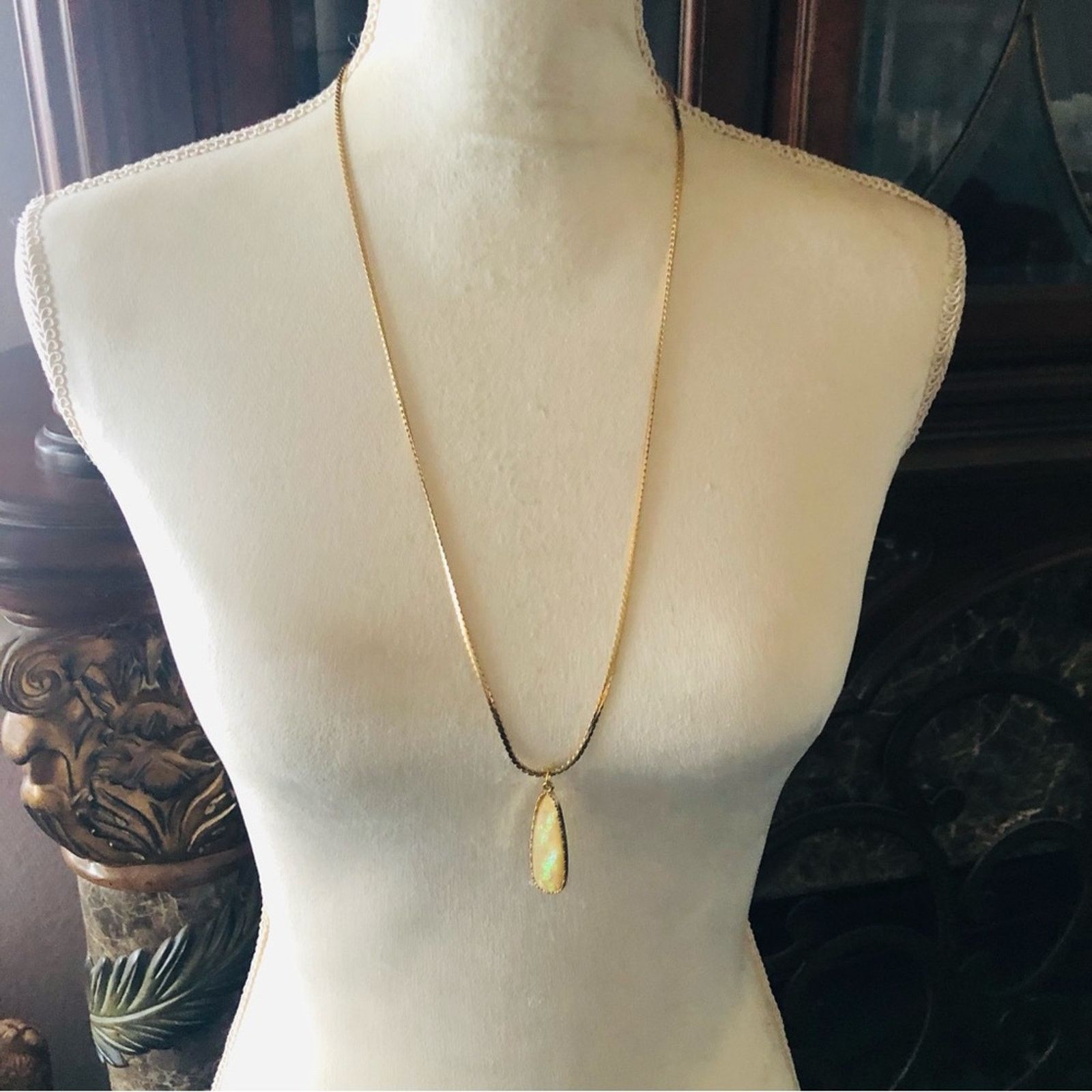 Vintage Faceted long raindrop shape simulated opal pendant necklac Size ONE SIZE - 2 Thumbnail