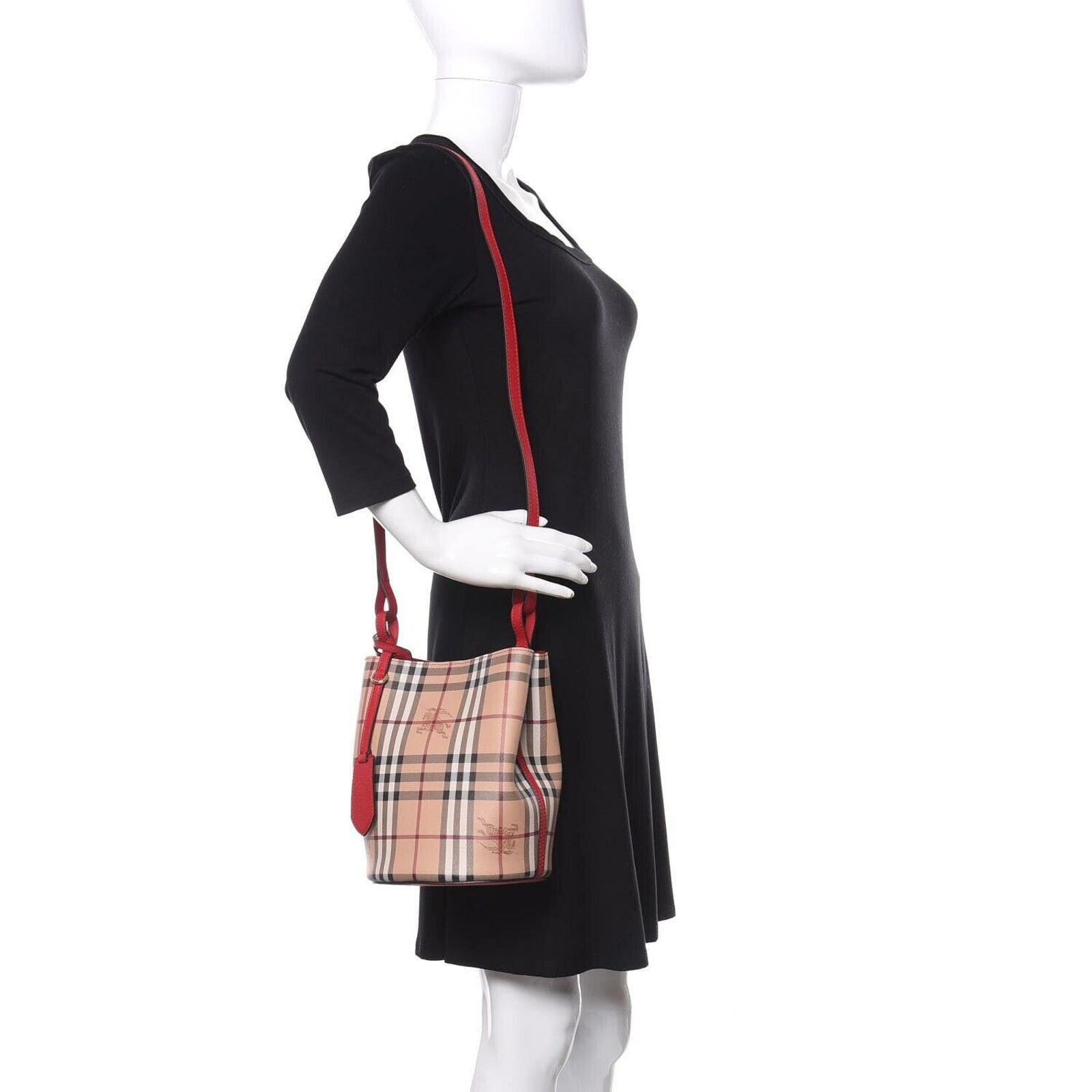 Burberry LORNE RED LEATHER HAYMAKET CHECK CROSSBODY BUCKET SMALL BAG Size ONE SIZE - 2 Thumbnail