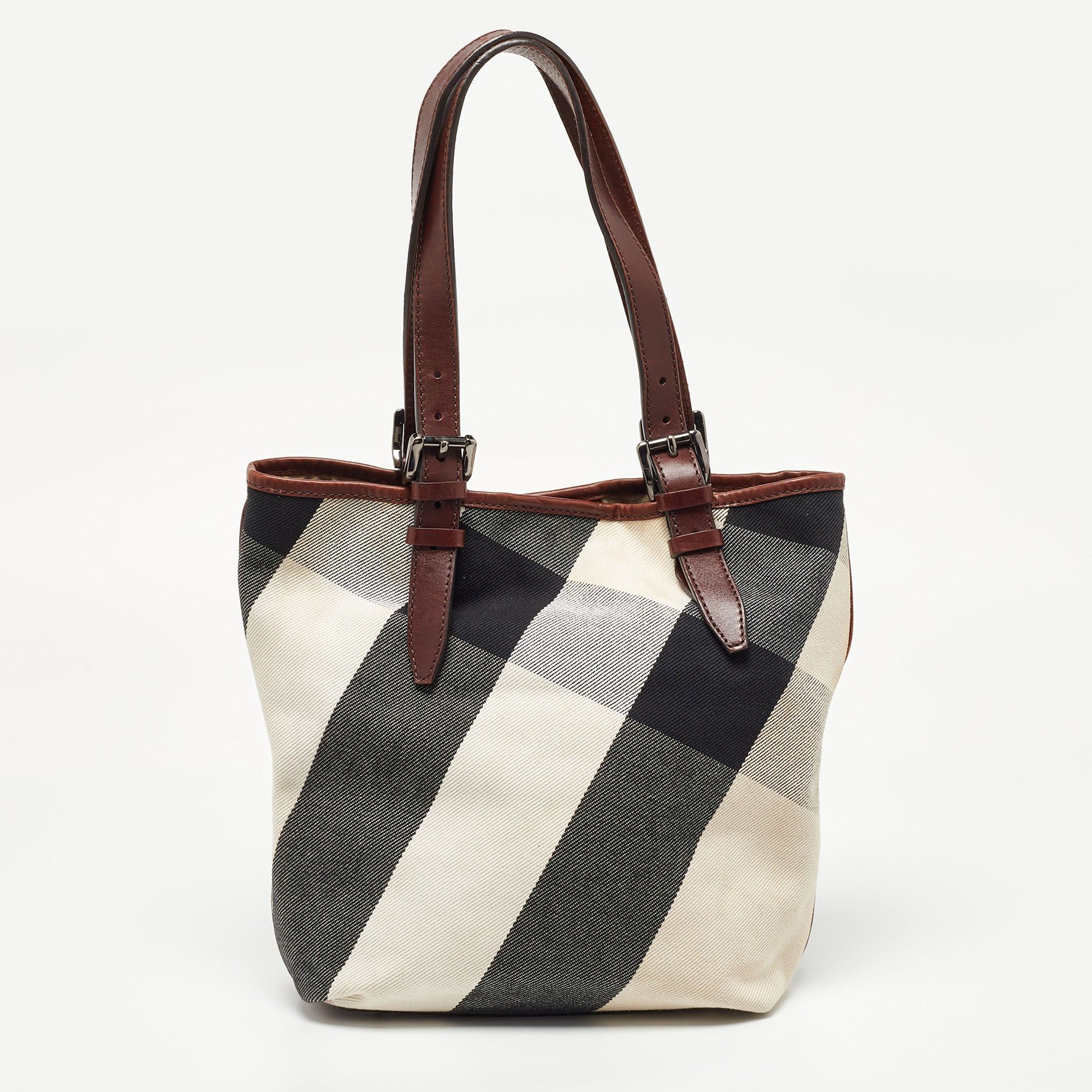 image of Burberry Multicolor Mega Check Canvas And Leather Tote in Black, Women's