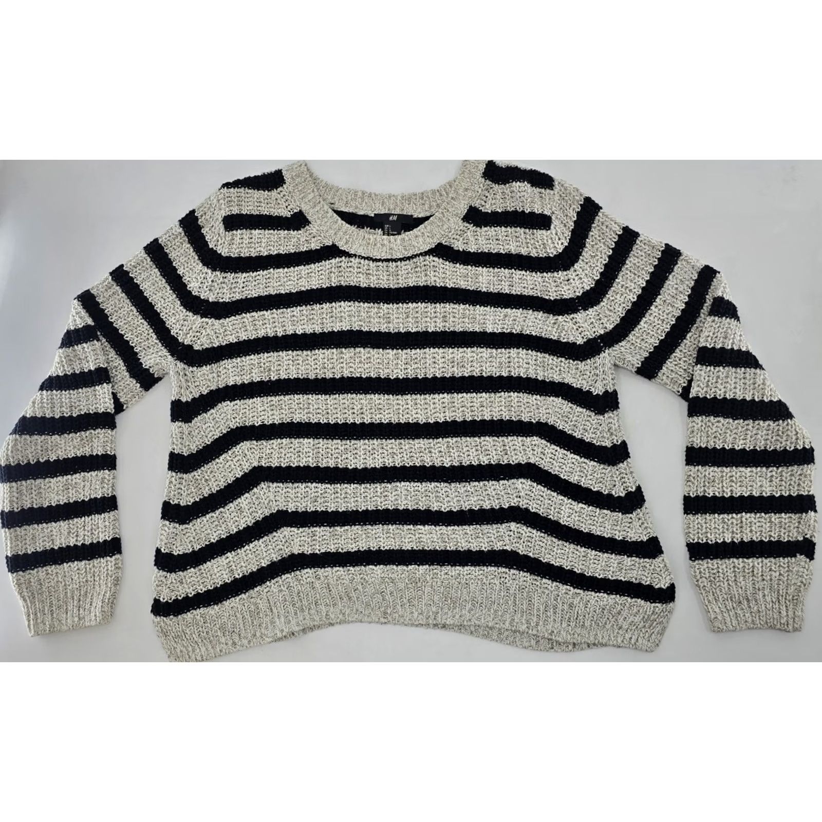 H&M H&M Chunky Knit Sweater Women's Black Off-White Striped Loose Fit Pullover- L Size L / US 10 / IT 46 - 2 Thumbnail
