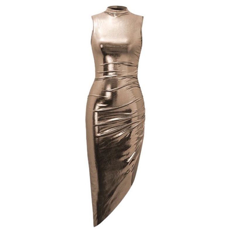 Other MicasChampagne Metallic Asymmetric Hem Sleeveless Midi Dress Size S / US 4 / IT 40 - 1 Thumbnail