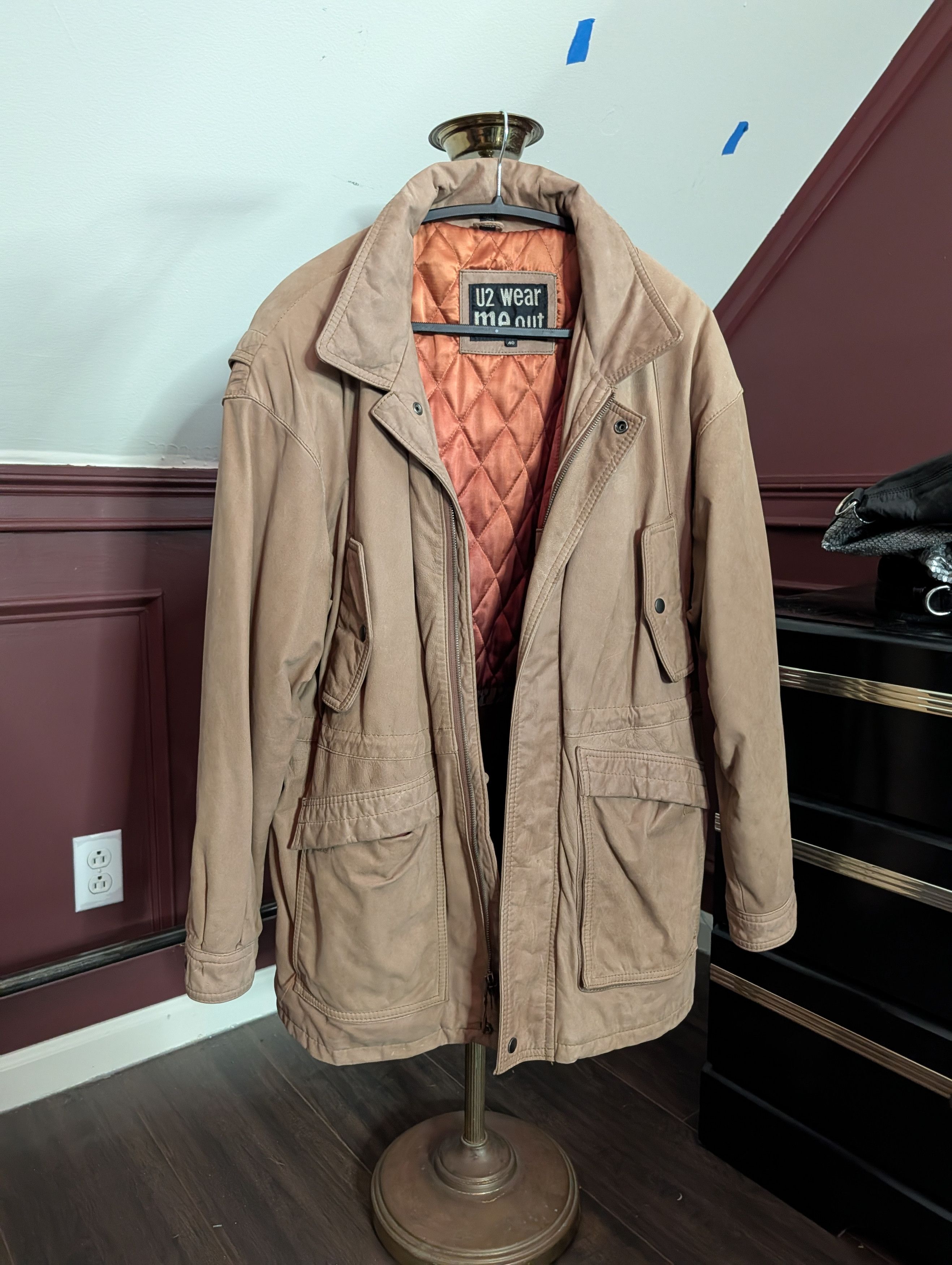 Vintage U2 Wear Me Out brown wool lined zip-up leather moto jacket Size US L / EU 52-54 / 3 - 14 Thumbnail