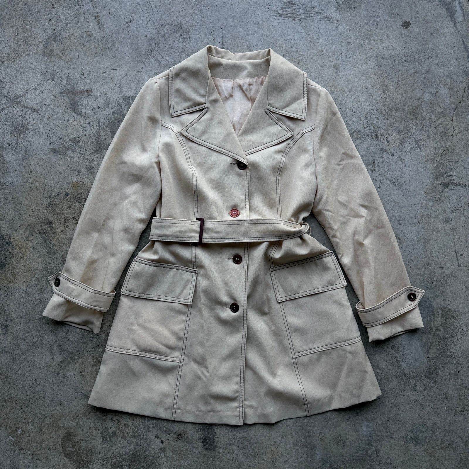 Other Vintage 70s Cream Mod Trench Jacket Belted Contrast Stitch Size M / US 6-8 / IT 42-44 - 1 Thumbnail