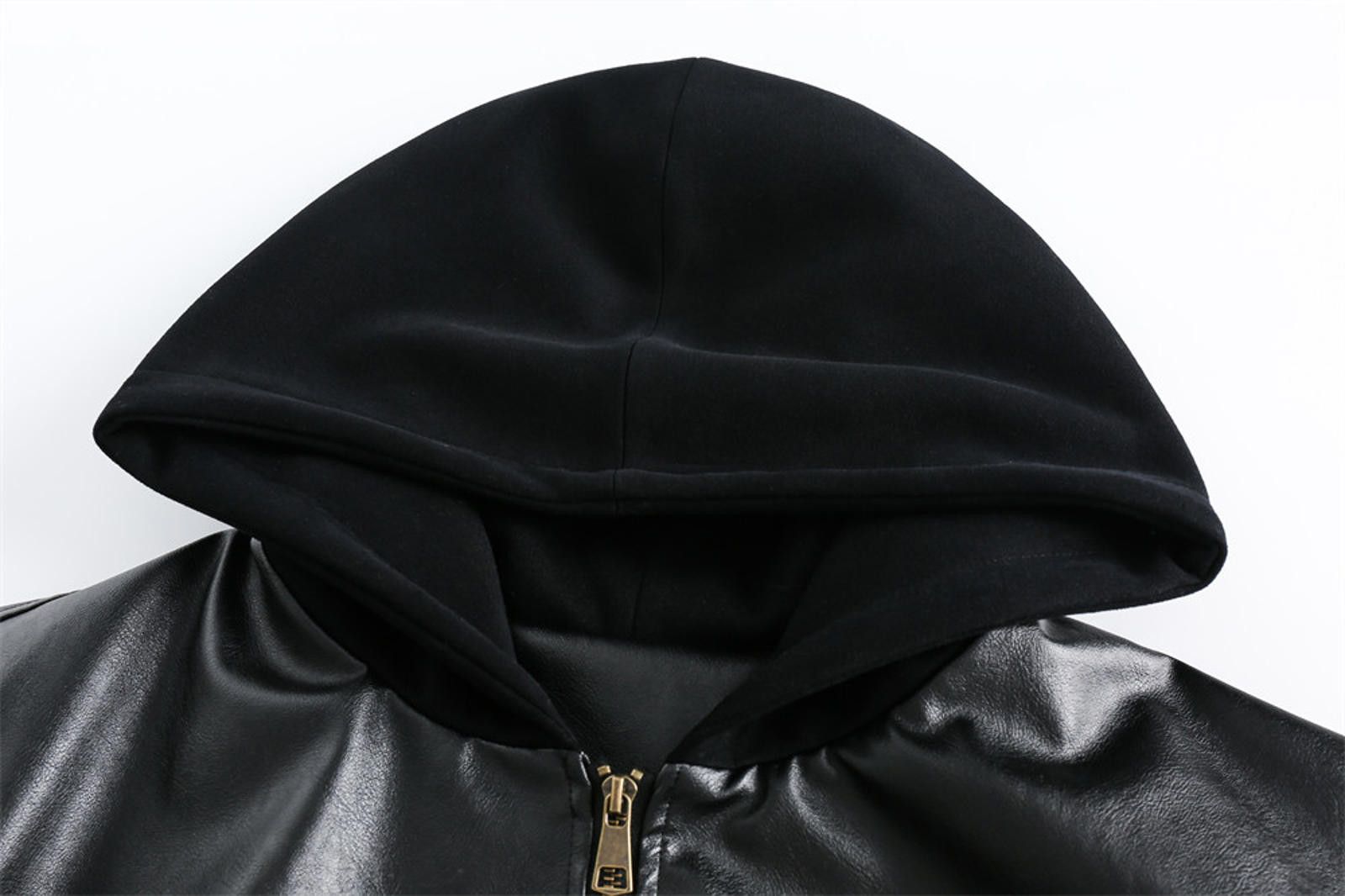 Leather Stylish Black Faux Leather Bomber Jacket with Hood Size US M / EU 48-50 / 2 - 3 Thumbnail