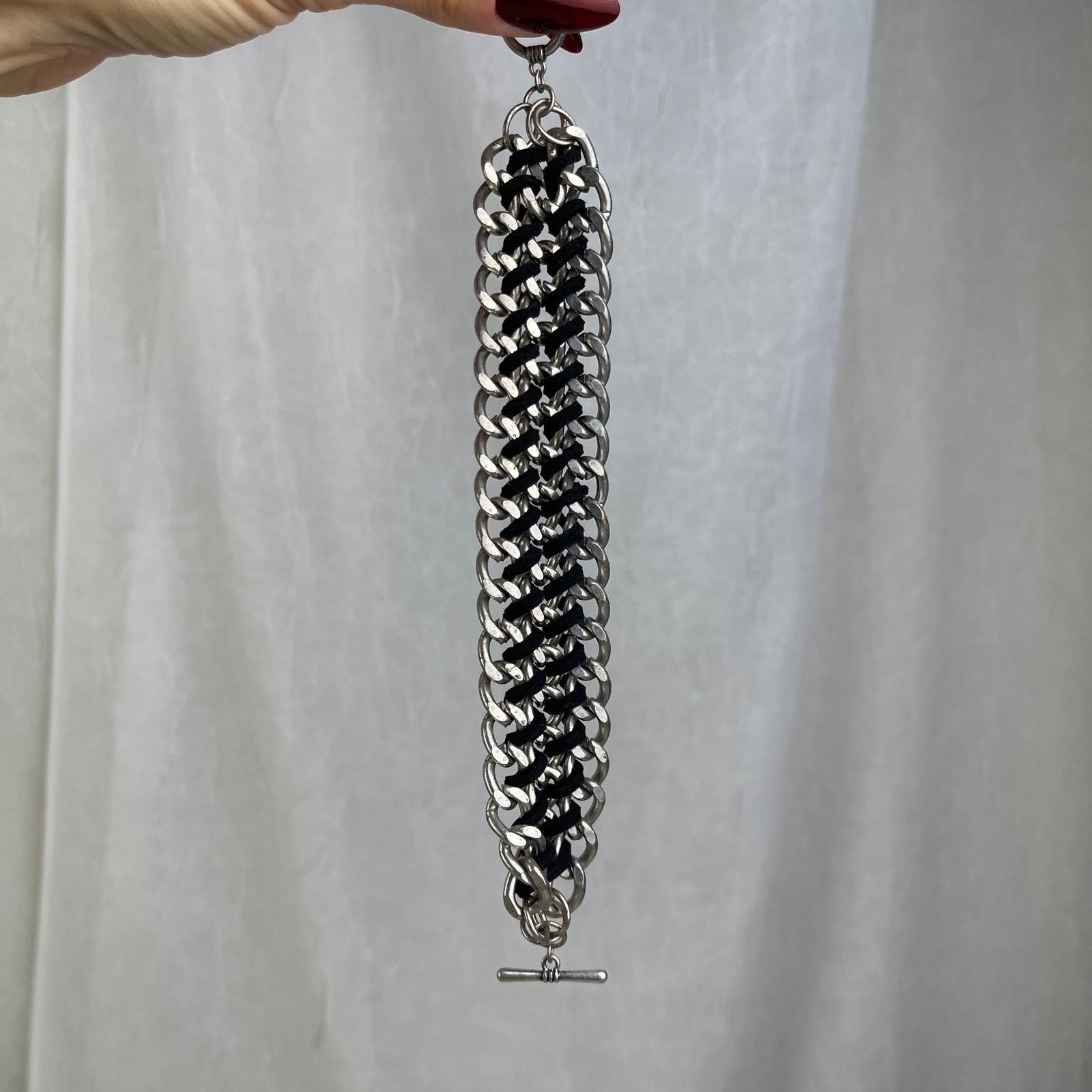 Other Silver Tone Chain Link Bracelet Black Braided Faux Leather Size ONE SIZE - 18 Thumbnail
