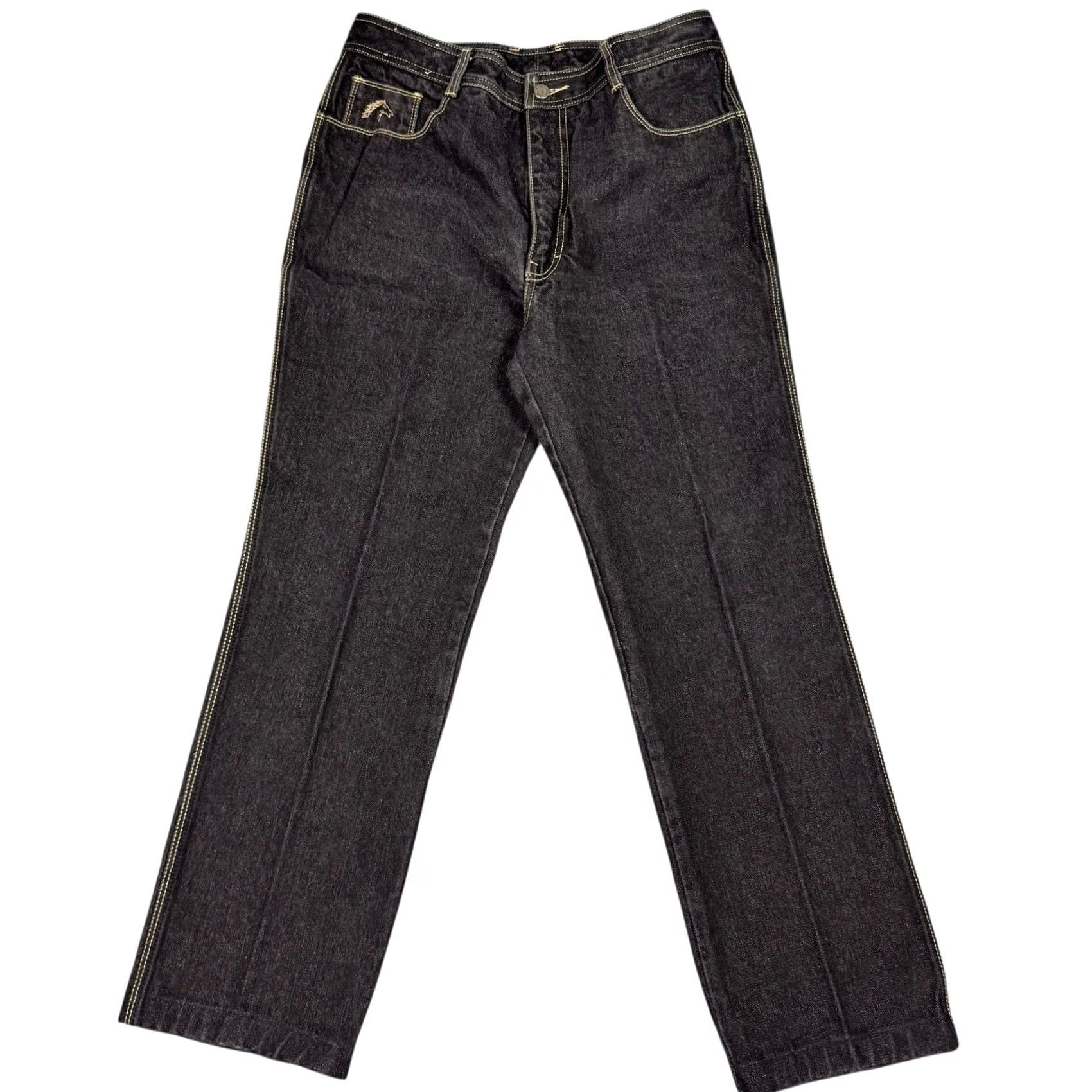 Jordache VINTAGE Jordache Jeans Mens 32x28 Horse Head Charcoal Denim Thick Stitch 90s Jeans Mens 32-32 Bootcut Black 80s 90s Punk Grunge Embroidered Button Zip Size US 33 - 4 Thumbnail