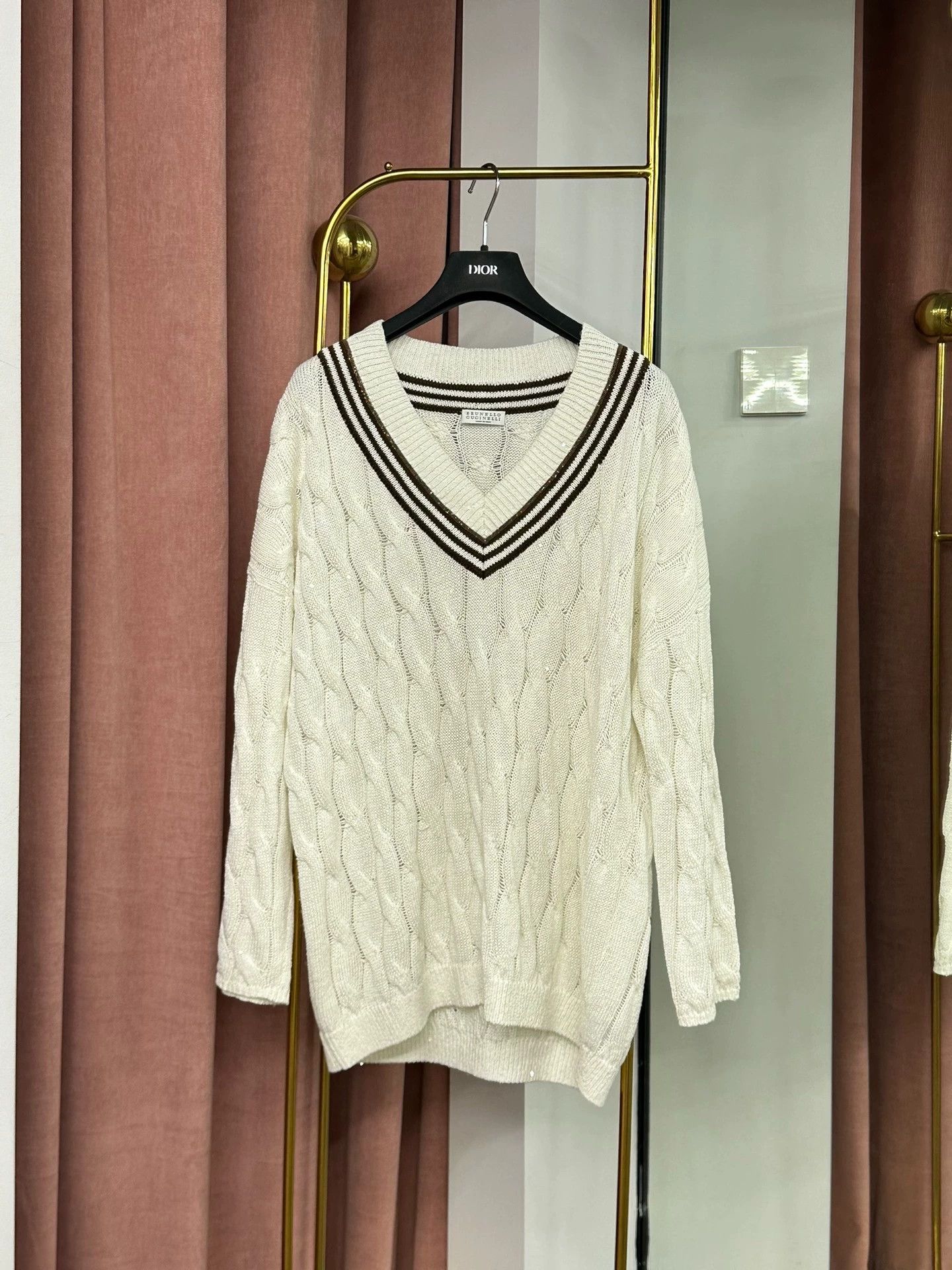 Brunello Cucinelli Brunello Cucinelli White Sequin V-Neck Sweater Size US L / EU 52-54 / 3 - 1 Thumbnail