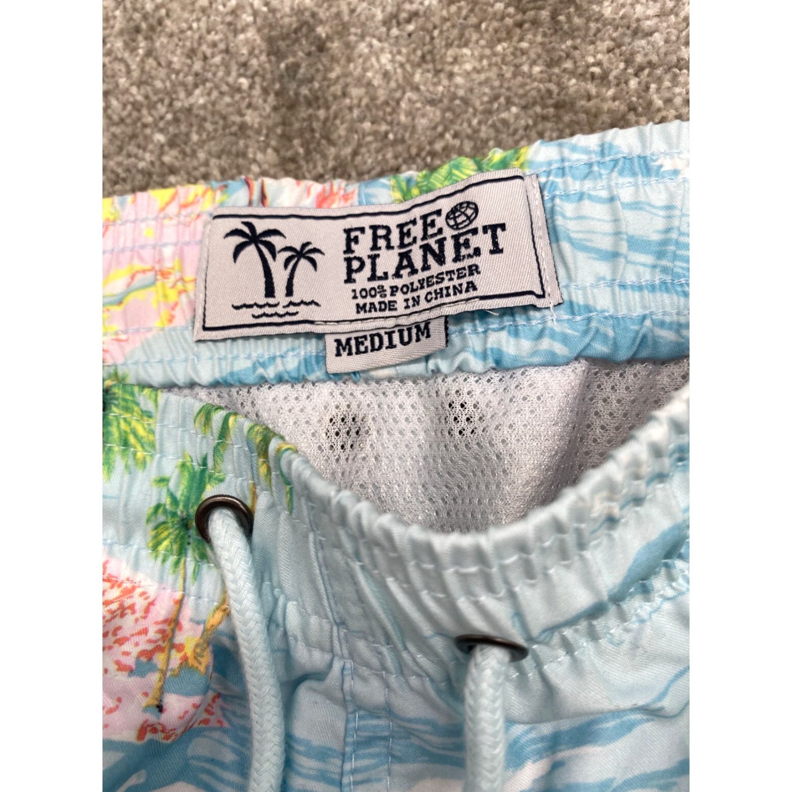 Vintage NWT Free Planet Flamingo Surf Swim Trunks Mens M Lt Blue Tropical Island Beach Size US 31 - 7 Thumbnail