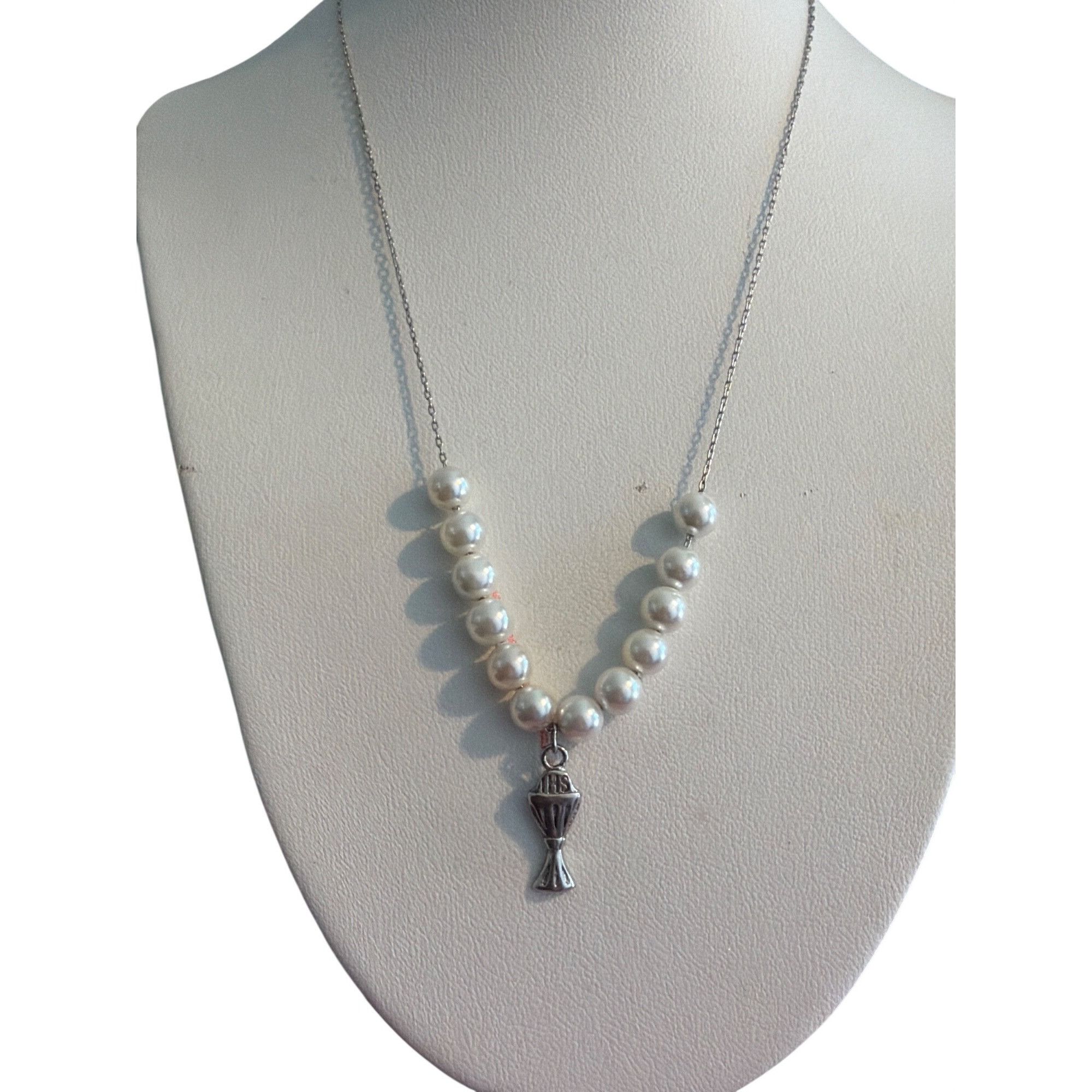 Other Sterling Silver Faux Pearl Necklace IHS Chalice Pendant Firs Size ONE SIZE - 1 Thumbnail