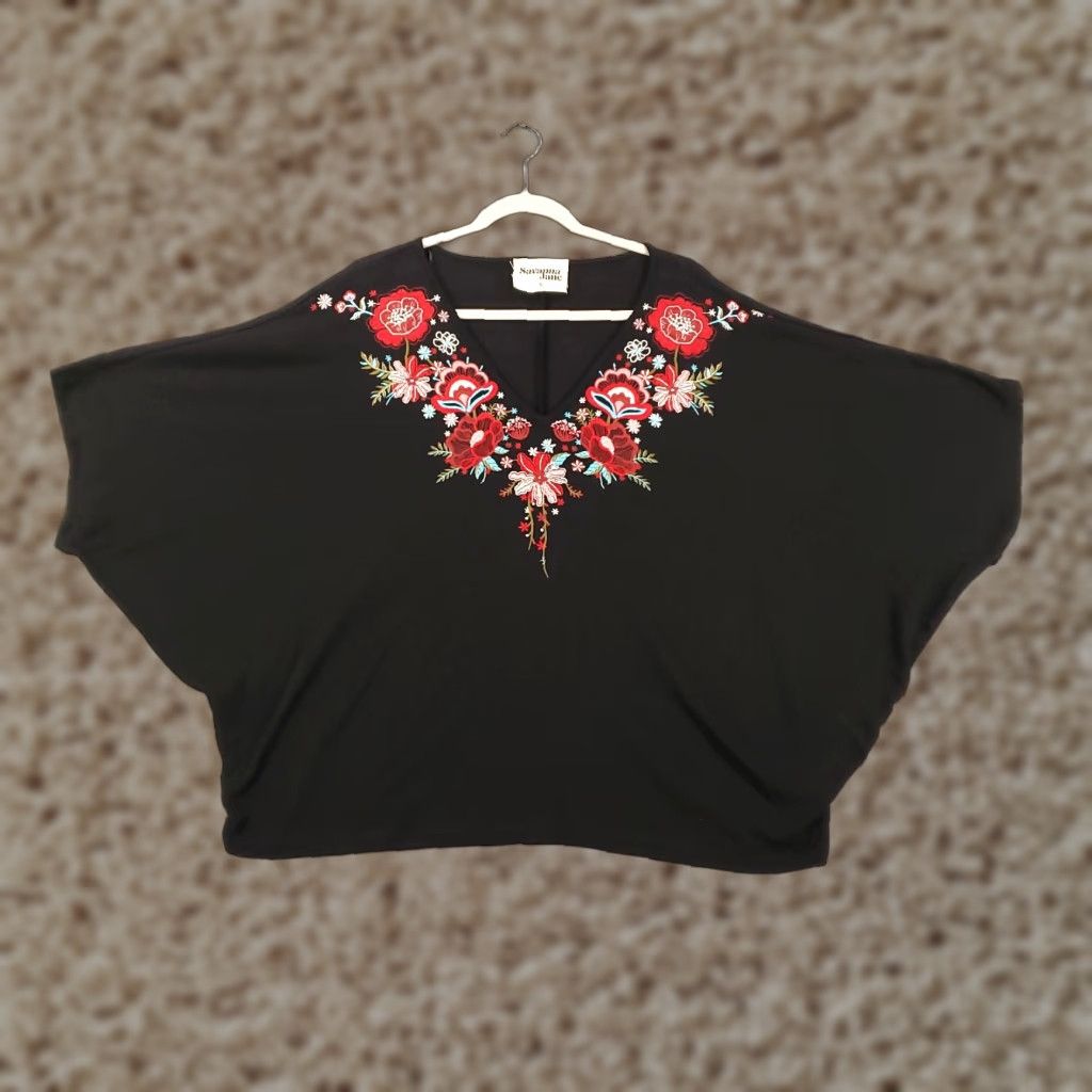 Vintage Savanna Jane Boho Top Womens Black Embroidered Flowers Sheer Dolman Oversized S Shirt Blouse Size S / US 4 / IT 40 - 1 Thumbnail