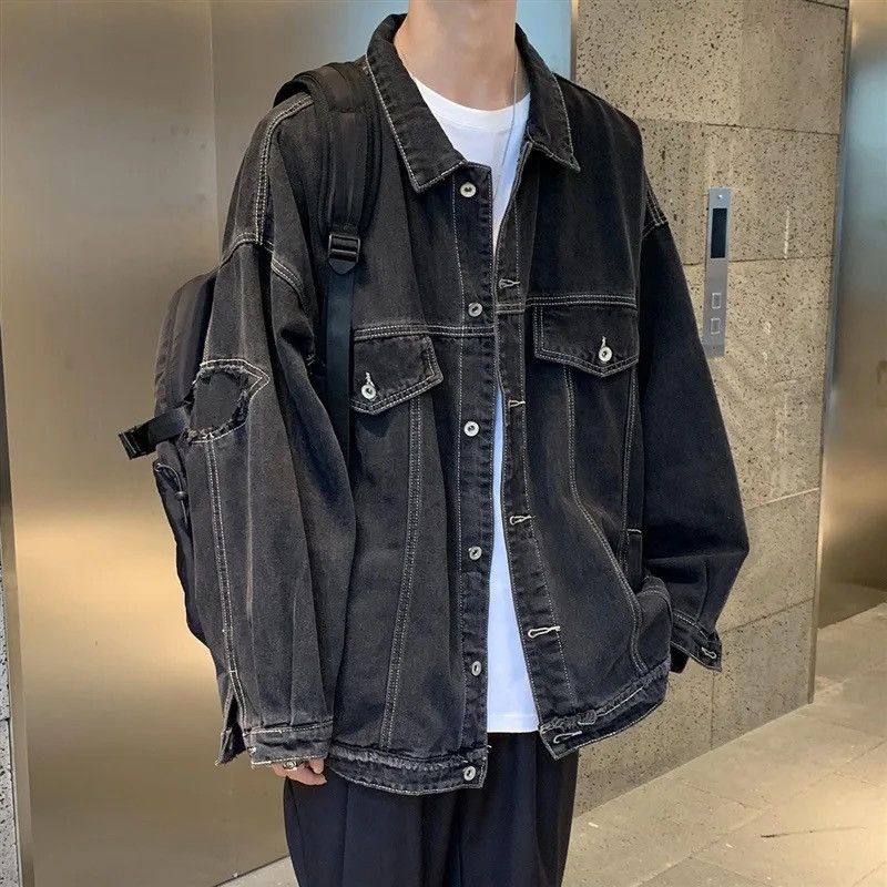 image of Retro Black Oversized Harajuku Denim Jacket, Men's (Size Medium)