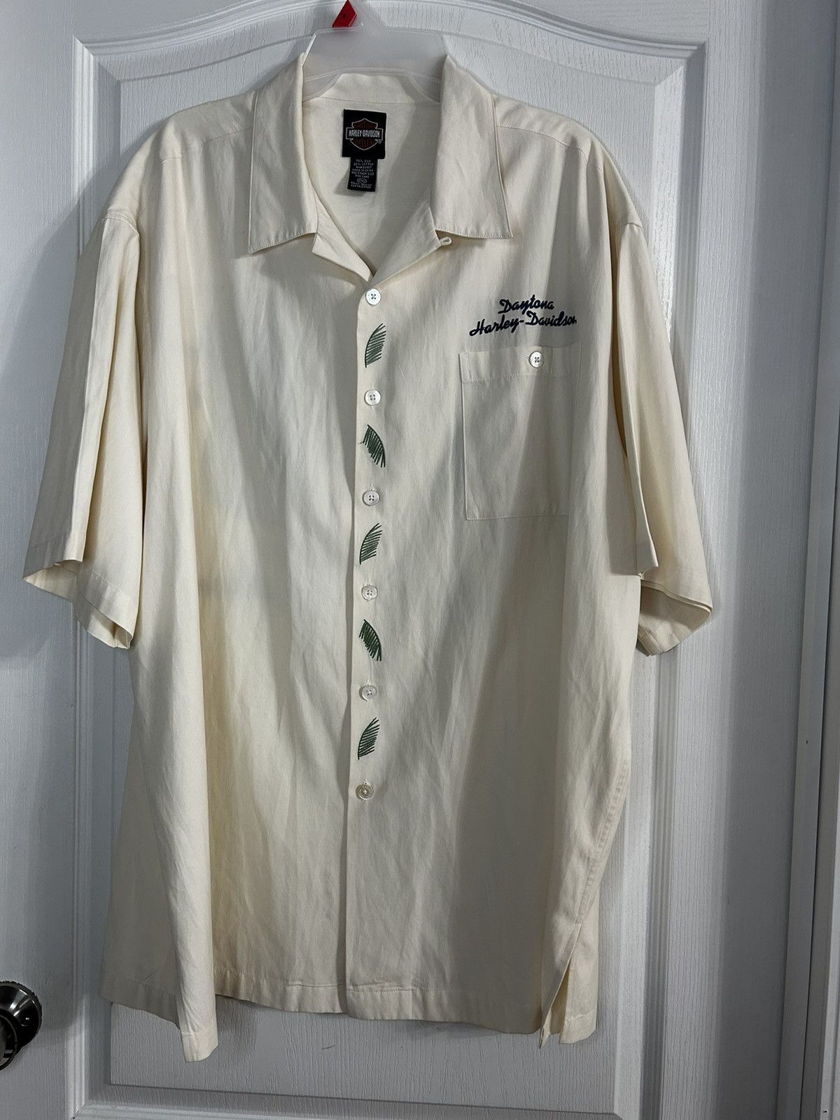 Image of Daytona Harley Davidson Silk Embroidered Button Up in Beige, Men's (Size 2XL)