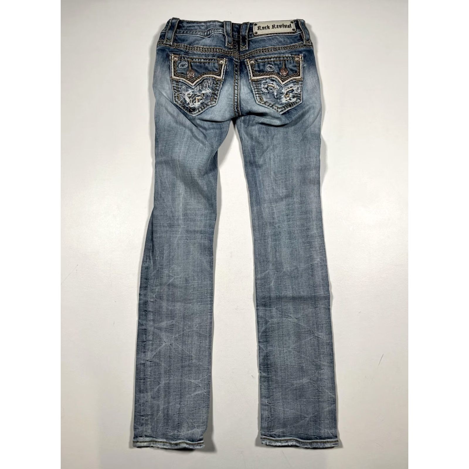 Vintage Rock Revival Jeans Womens 24 Blue Straight Distressed Embellished Flap Pockets Denim Medium Wash 32in Zip Mens? Wait. Size 42" / US 20 - 2 Thumbnail