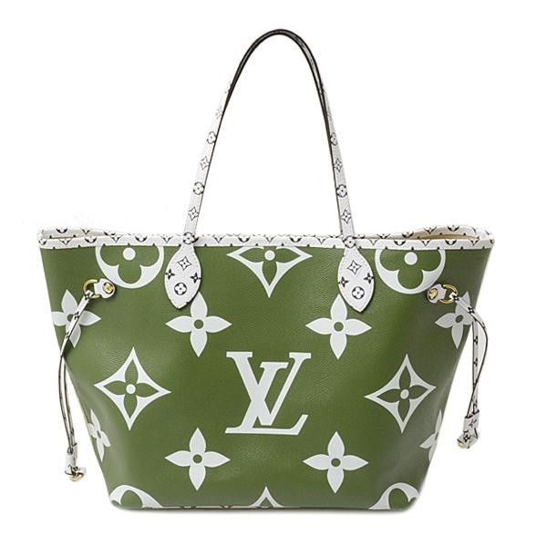 Louis Vuitton Giant Monogram Neverfull MM Handbag Tote Bag Green X Beige