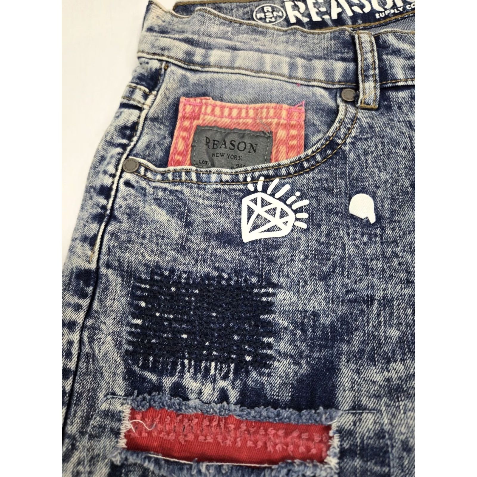 Reason REASON Supply Co. Jeans Men 31 Stretch Graphic Paint Denim Zip 32 Inseam Multicolor Medium Wash Distressed Logo Pockets Straight Across Seasons Size US 31 - 6 Thumbnail