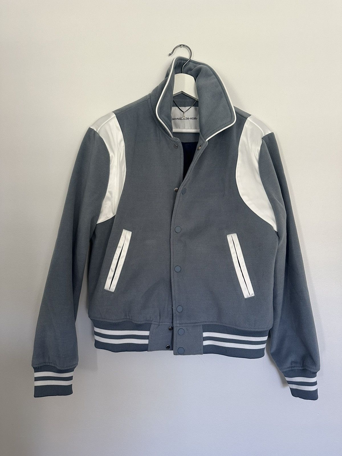 image of Maniere De Vior Satin Panel Wool Varsity Jacket in Teal, Men's (Size Medium)