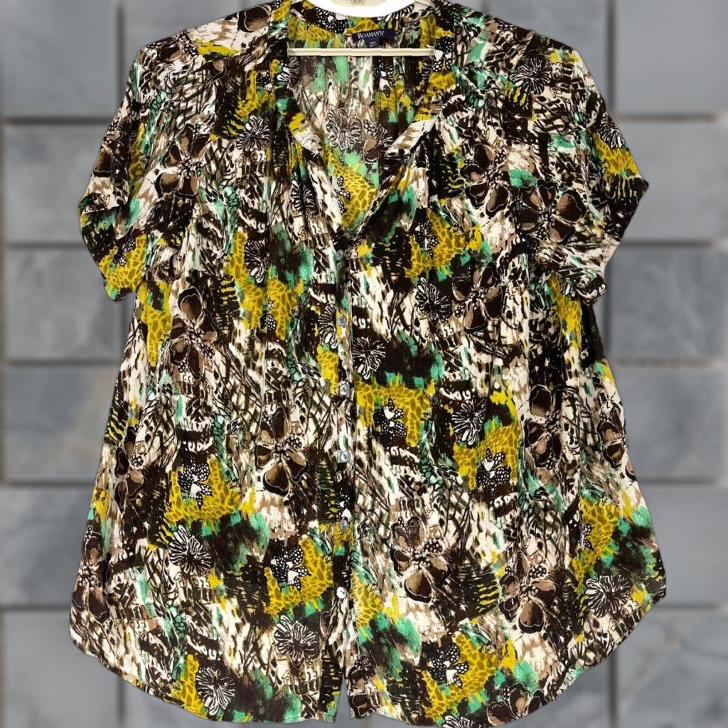 Vintage Roaman's Womens Plus 30W Brown Yellow Floral Rayon Blouse Semi Sheer Y2K Artsy Shirt Women 30W Plus Size Floral Blouse Size 4XL / US 24-26 - 1 Thumbnail
