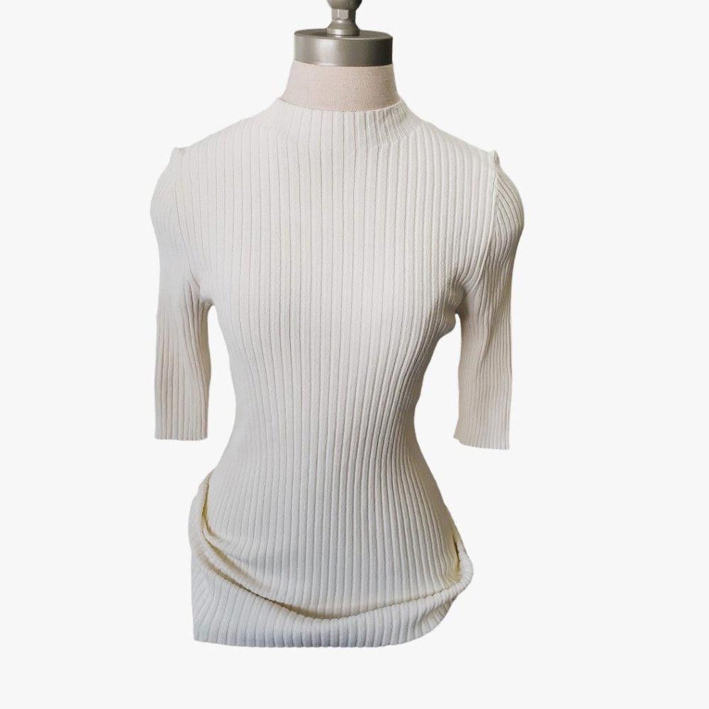 Designer CT771 Nordstrom Signature Crew Neck Ribbed Cream Sweater Size M / US 6-8 / IT 42-44 - 3 Thumbnail