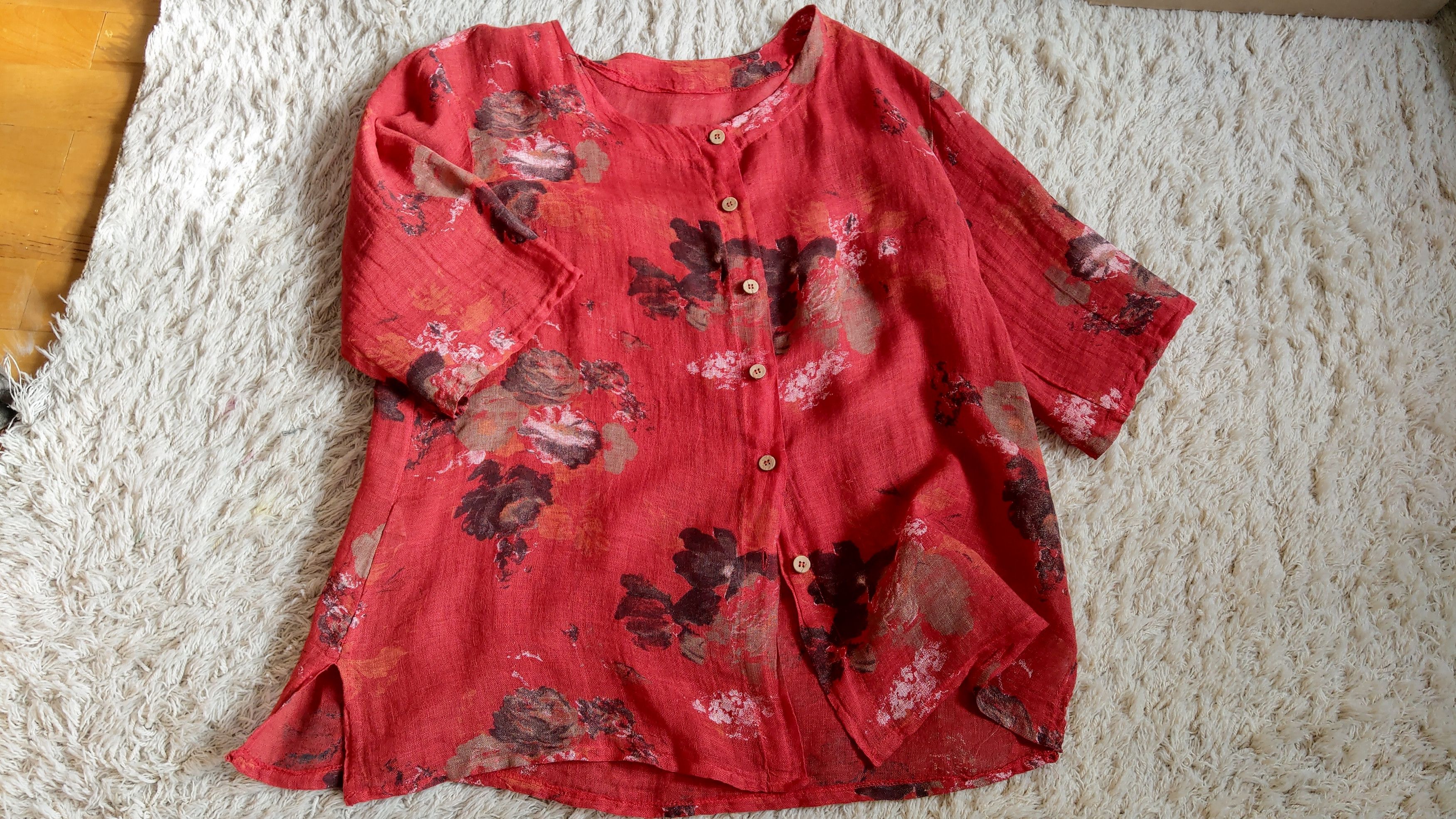 Japanese Brand × Vintage 100% Linen Shirt Rose Print Jacket Alt y2k opium goth Noir Size L / US 10 / IT 46 - 8 Thumbnail