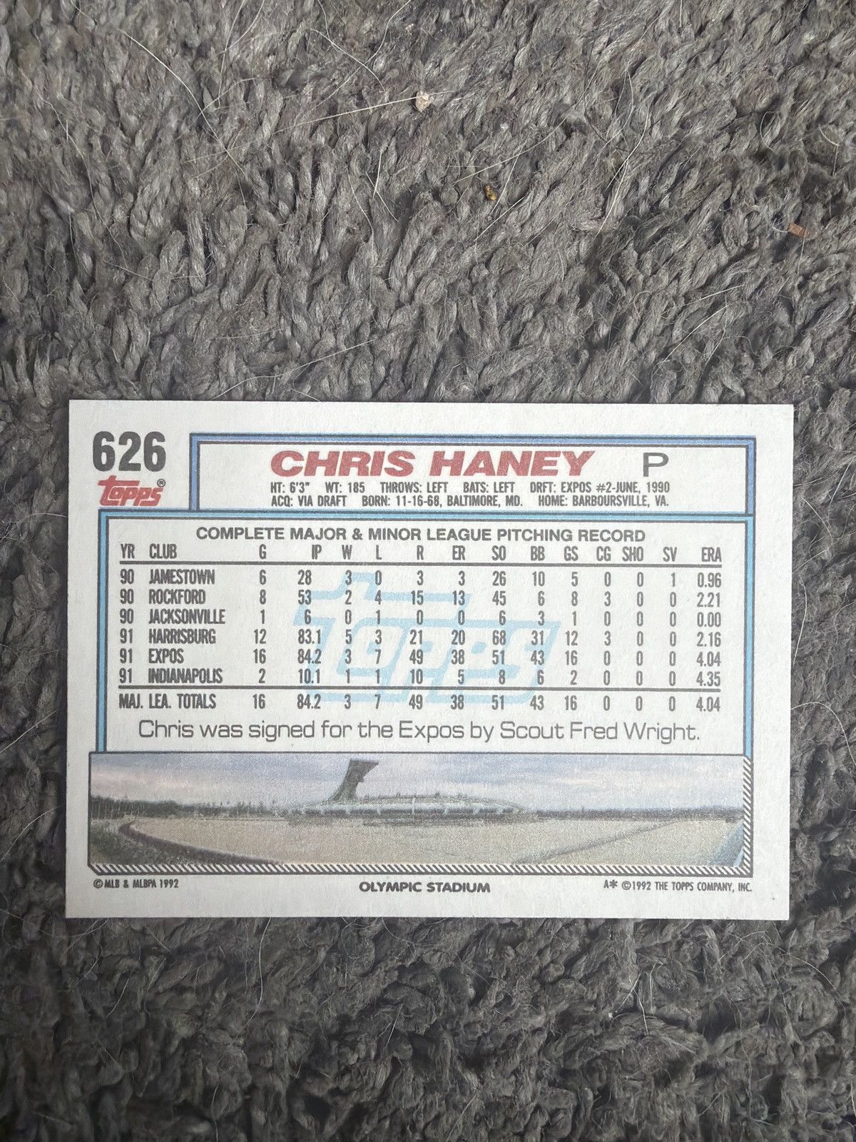 MLB 1992 Topps #626 Chris Haney Card Size ONE SIZE - 2 Thumbnail