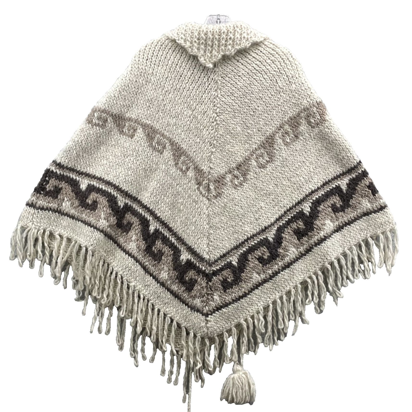 Vintage VINTAGE Artisinal Poncho Sweater Womens OSFA Beige Chunky Hand Knit Minimalist 90's Boho Geometric Pullover Size ONE SIZE - 2 Thumbnail