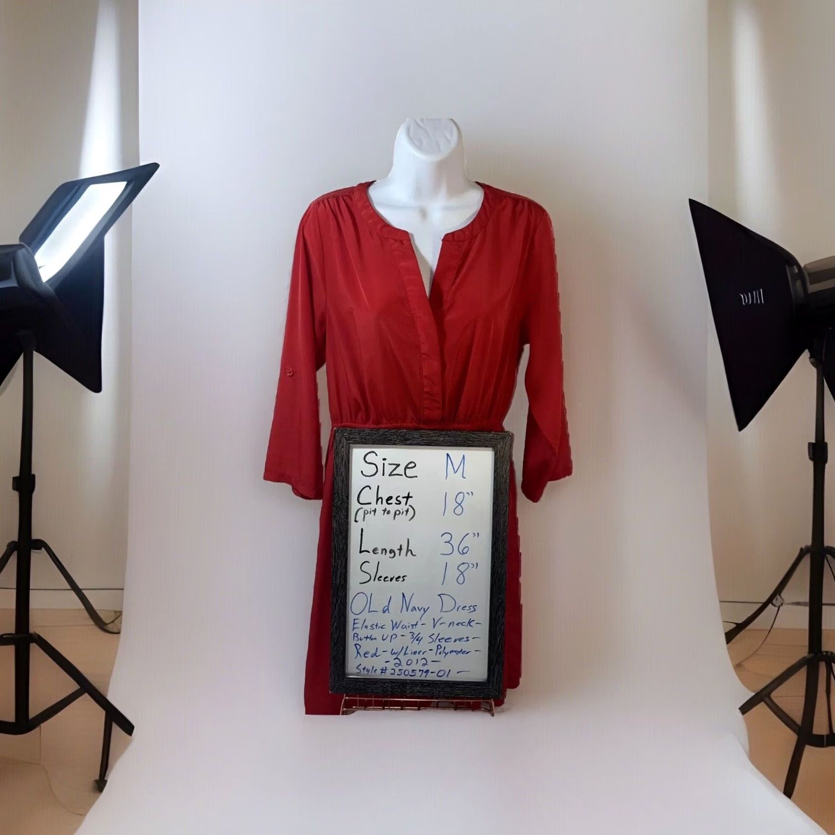 Old Navy Old Navy Dress Women Medium Red Lined V Neck Button Up 3/4 Sleeves Elastic Waist Knee Length Dress Size M / US 6-8 / IT 42-44 - 2 Thumbnail