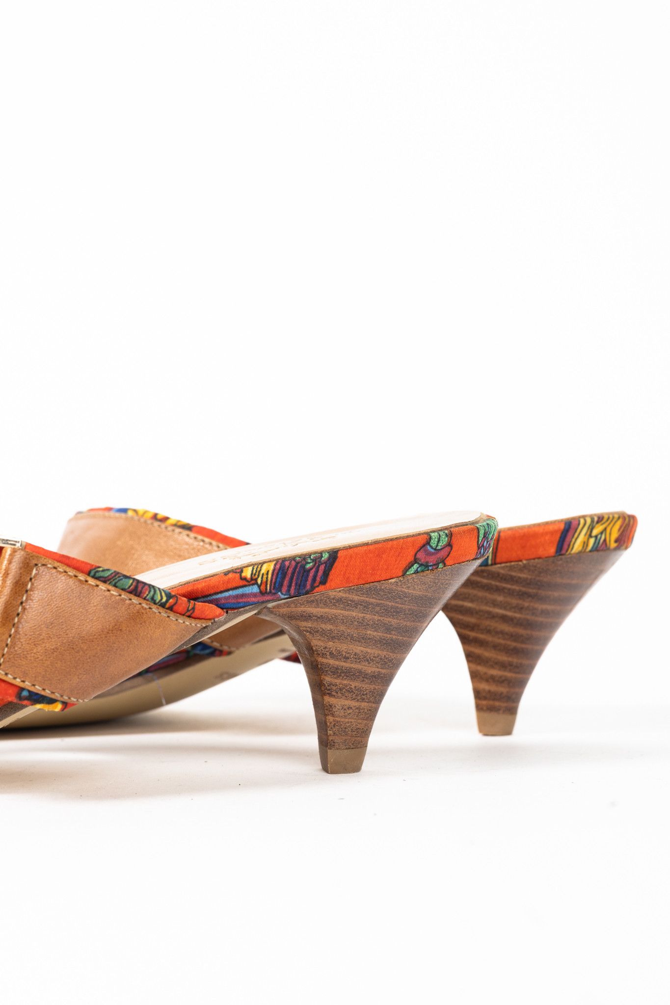 Hermes Hermes Brown Leather & Orange Printed-Silk Mule Sandals Size US 7.5 / IT 37.5 - 10 Thumbnail