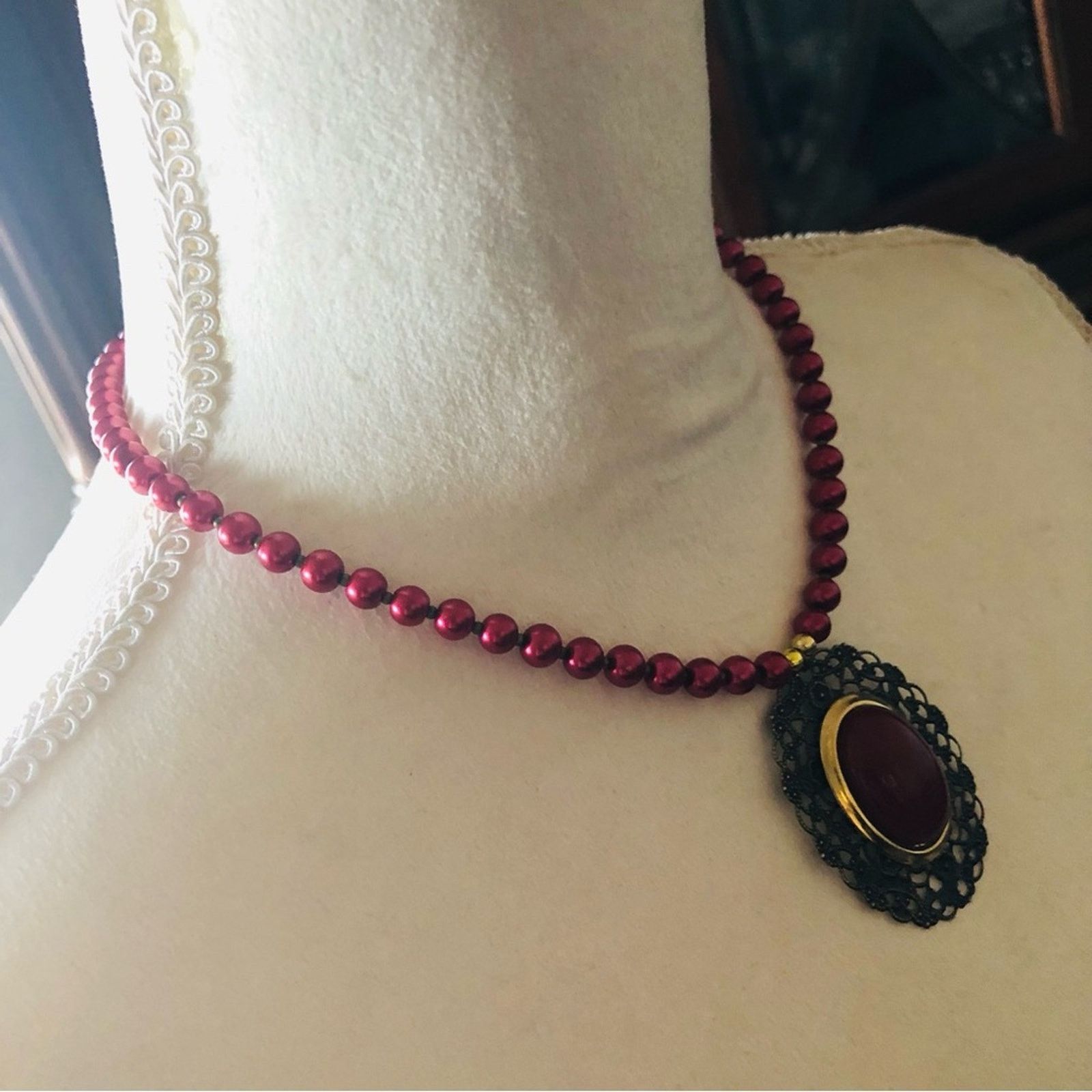 Handmade Handcrafted repurpose red cabochon filigree Pearl necklace Size ONE SIZE - 3 Thumbnail