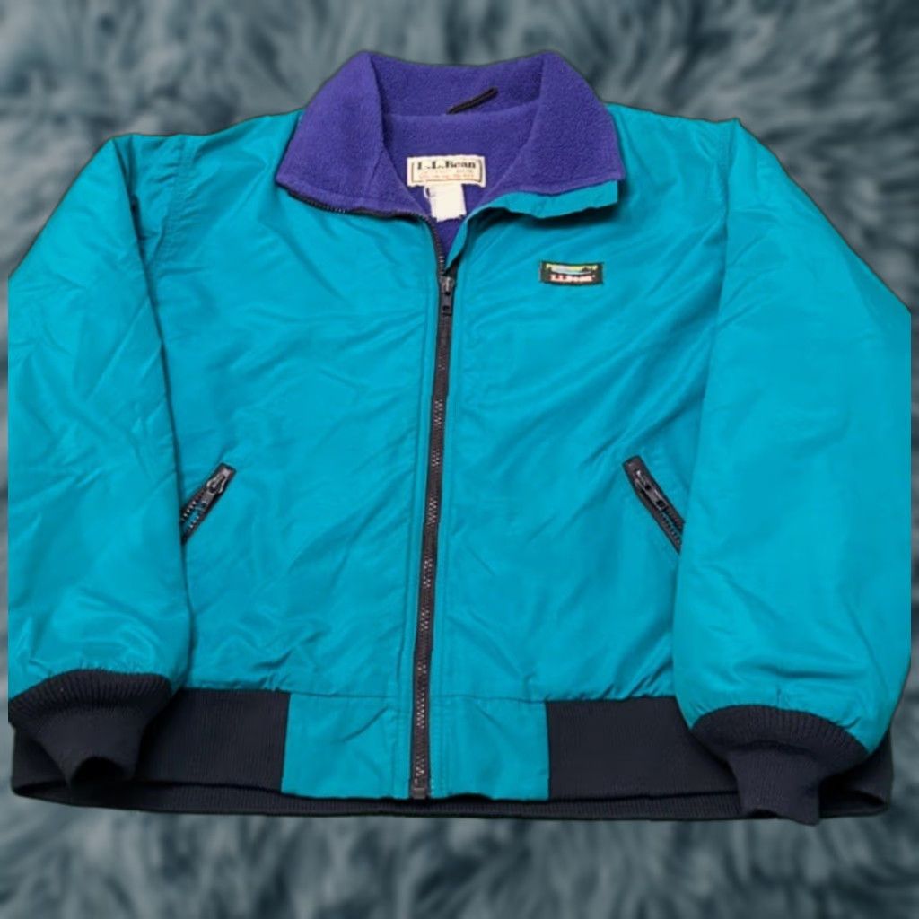 VINTAGE LL Bean Warm-up Jacket Mens S Teal Blue Fleece Lined Zip Full Zip Pockets Windproof 90s USA Outdoors Retro