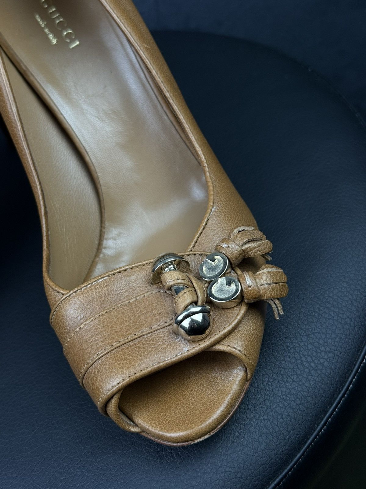 Gucci Gucci Brown Leather Marrakesh Tassel Peep Toe Pumps Size US 7 / IT 37 - 5 Thumbnail