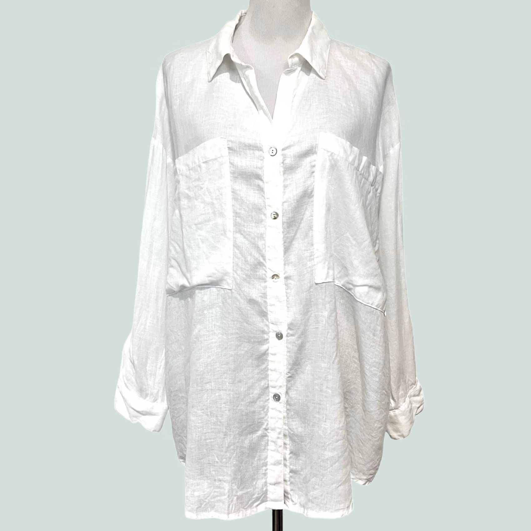 Vintage VINTAGE Magaschoni 100% Linen Button Up Shirt Roll Tab Sleeves Pockets White Womens Sz L Shirt Women L White Pocket Roll Tab Sleeve Linen Button-Up Size L / US 10 / IT 46 - 1 Thumbnail
