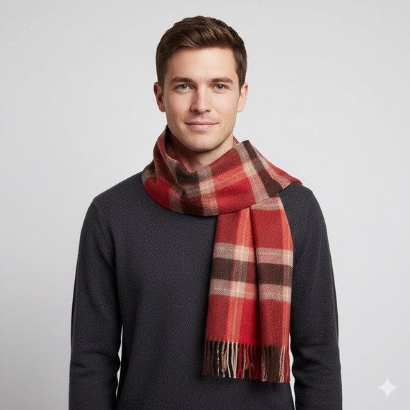 Other Red Brown Plaid Wool Fringed Scarf - 100% Wool, Unisex🧣 Size ONE SIZE - 1 Thumbnail