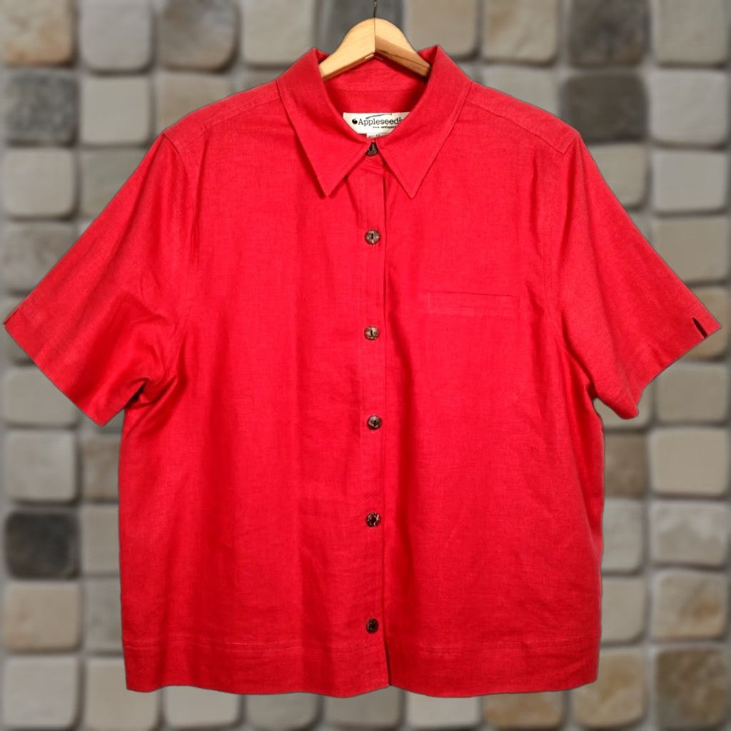 Vintage Appleseed's Blouse Women Size 12 Salmon Linen Rayon Short Sleeve Collared Button-Front Professional Business Casual Classic Capsule Wardrobe Womens Size XL / US 12-14 / IT 48-50 - 1 Thumbnail