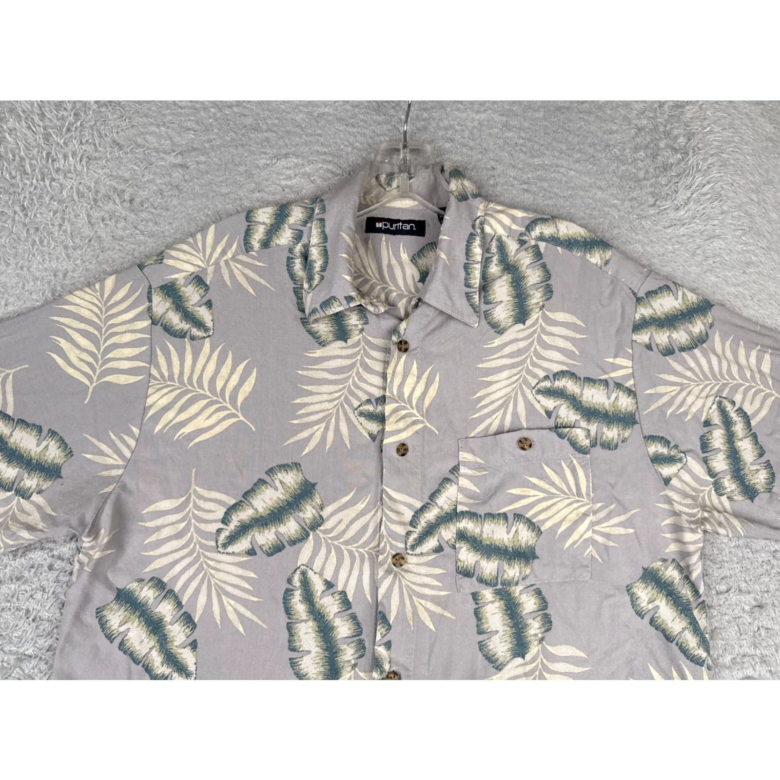 Vintage Puritan Shirt Men Medium Gray Floral Leaf Hawaiian 100% Rayon Short Sleeve Button-Up Size US M / EU 48-50 / 2 - 4 Thumbnail