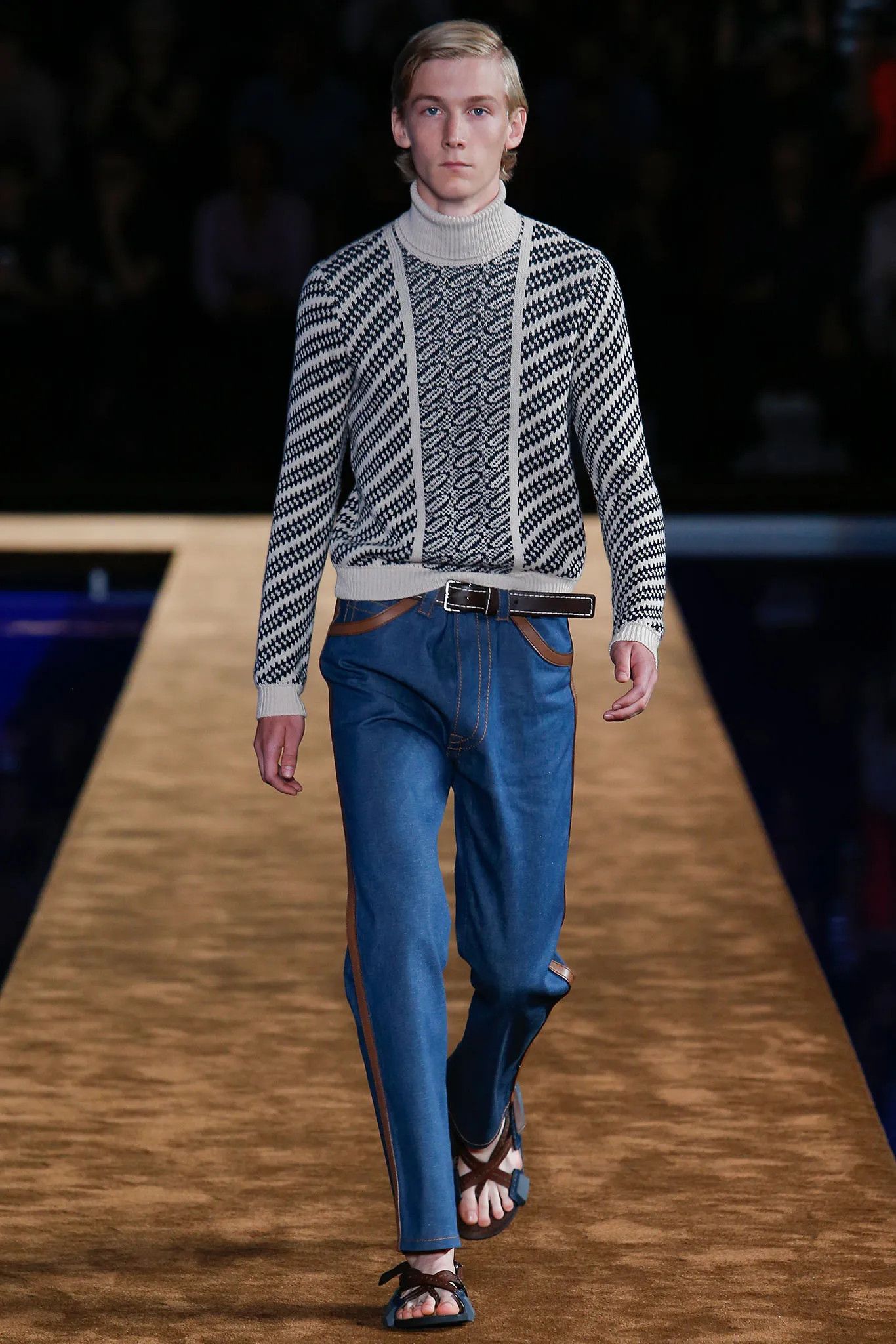 Prada S/S 2015 Unisex Brown Leather Trimmed Blue Jeans Pants Size US 31 - 1 Thumbnail