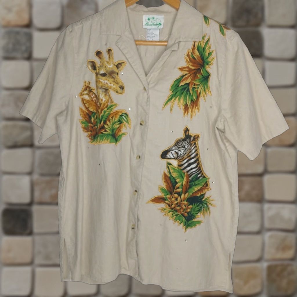Quacker Factory The Quacker Factory Blouse Large Animal Print Linen Shirt with Rhinestones for Women, Brown, Safari Theme Size L / US 10 / IT 46 - 1 Thumbnail