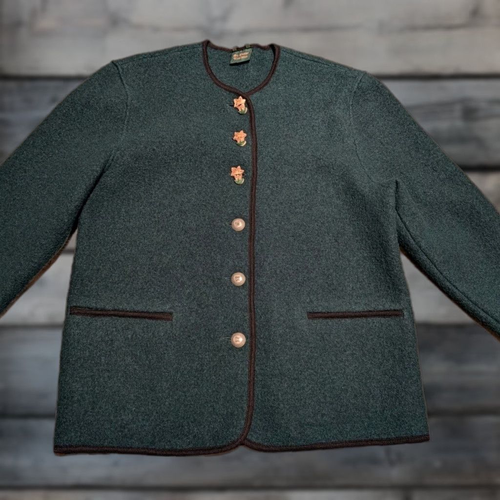 Vintage Yes St. Peter Trachten 100% Wool Jacket Green Flower Buttons Size 40 Women's EUC