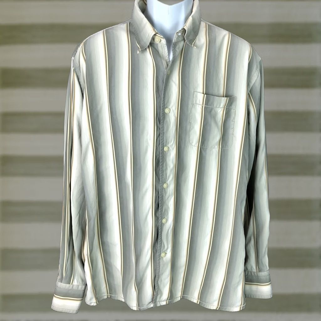 Tommy Bahama Tommy Bahama Silk Oxford Shirt XL Gray/Ivory Stripe Button Up Long Sleeve Man Regular Collar-Down Size US XL / EU 56 / 4 - 1 Thumbnail