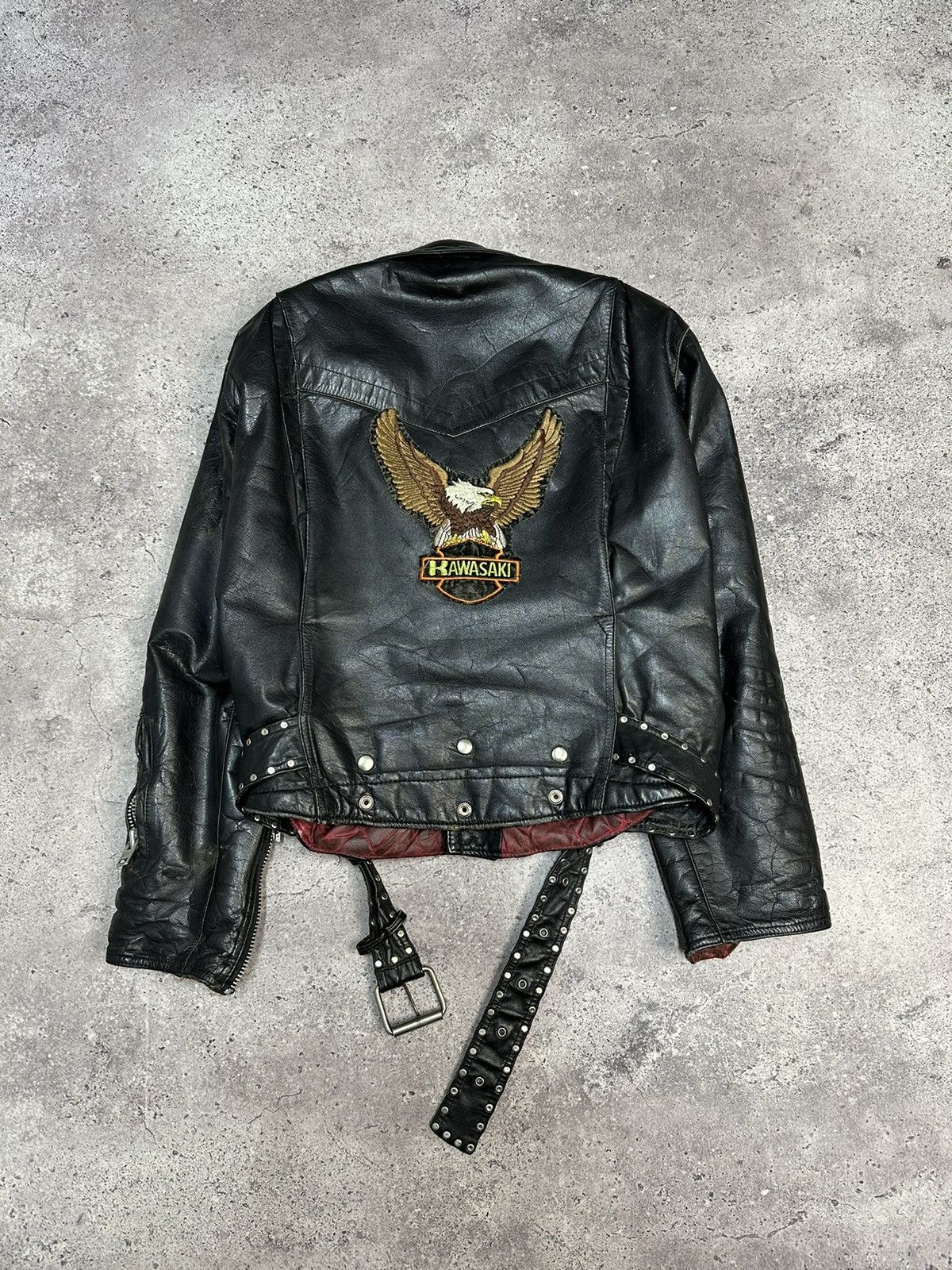 Vintage Kawasaki Leather Jacket Bomber Distressed 80's Rare