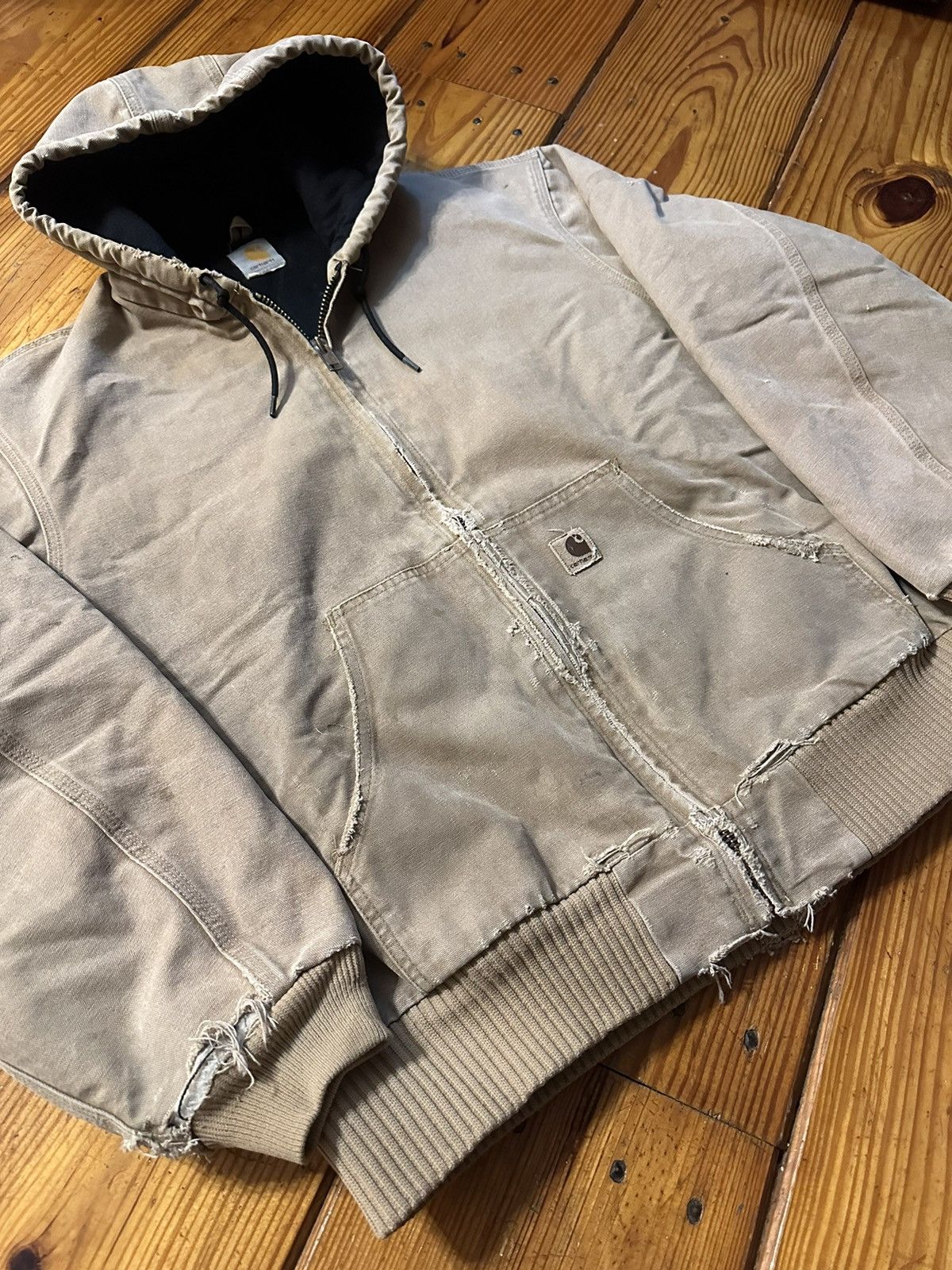 image of Thrashed Tan Hooded Carhartt Jacket, Men's (Size XL)