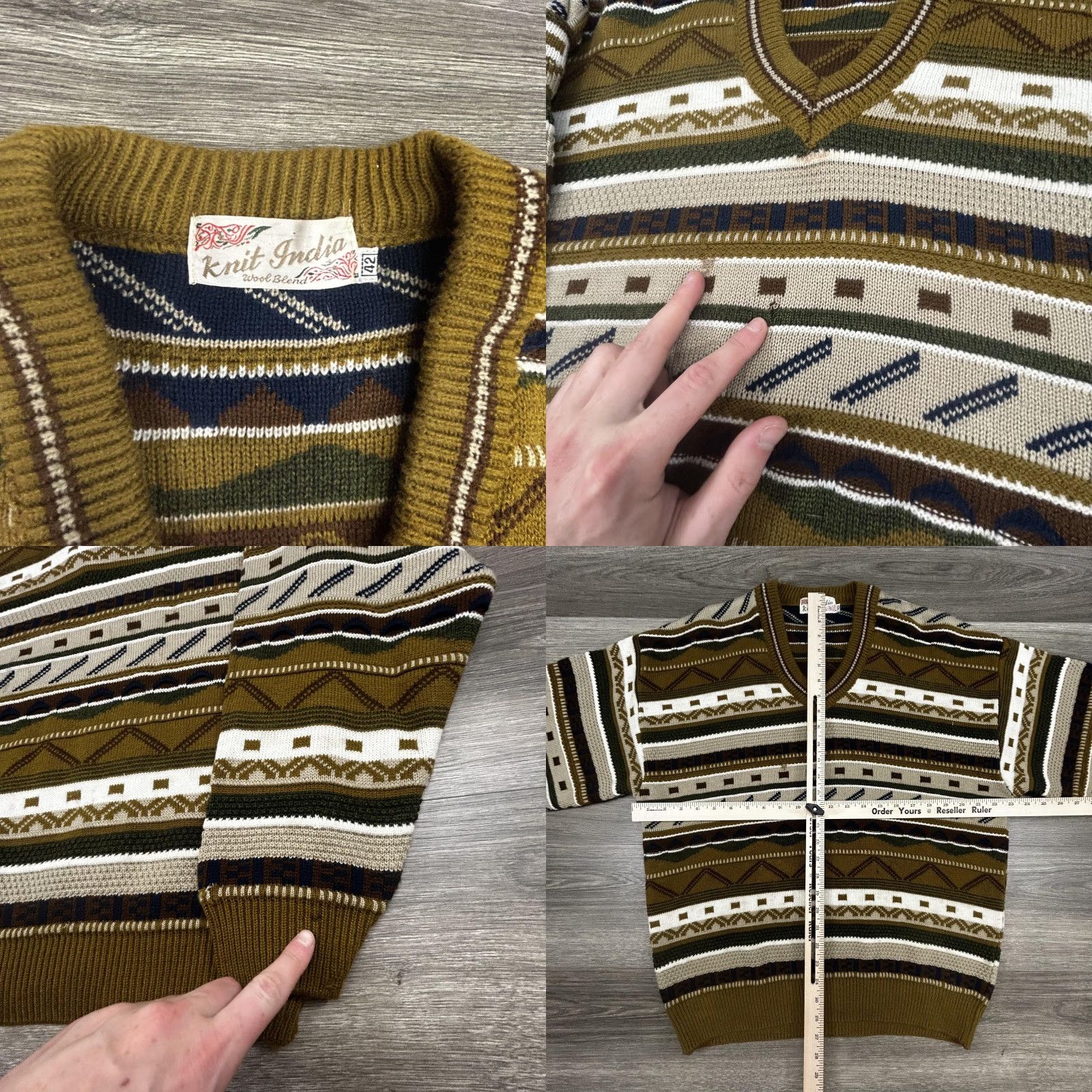 Coogi VINTAGE Knit India Mens XL Brown Striped Wool V-Neck Sweater 90s Hip Hop Retro Pullover Long Sleeve Wool Blend Geometric Pattern Category: Sweater Size US XL / EU 56 / 4 - 8 Thumbnail