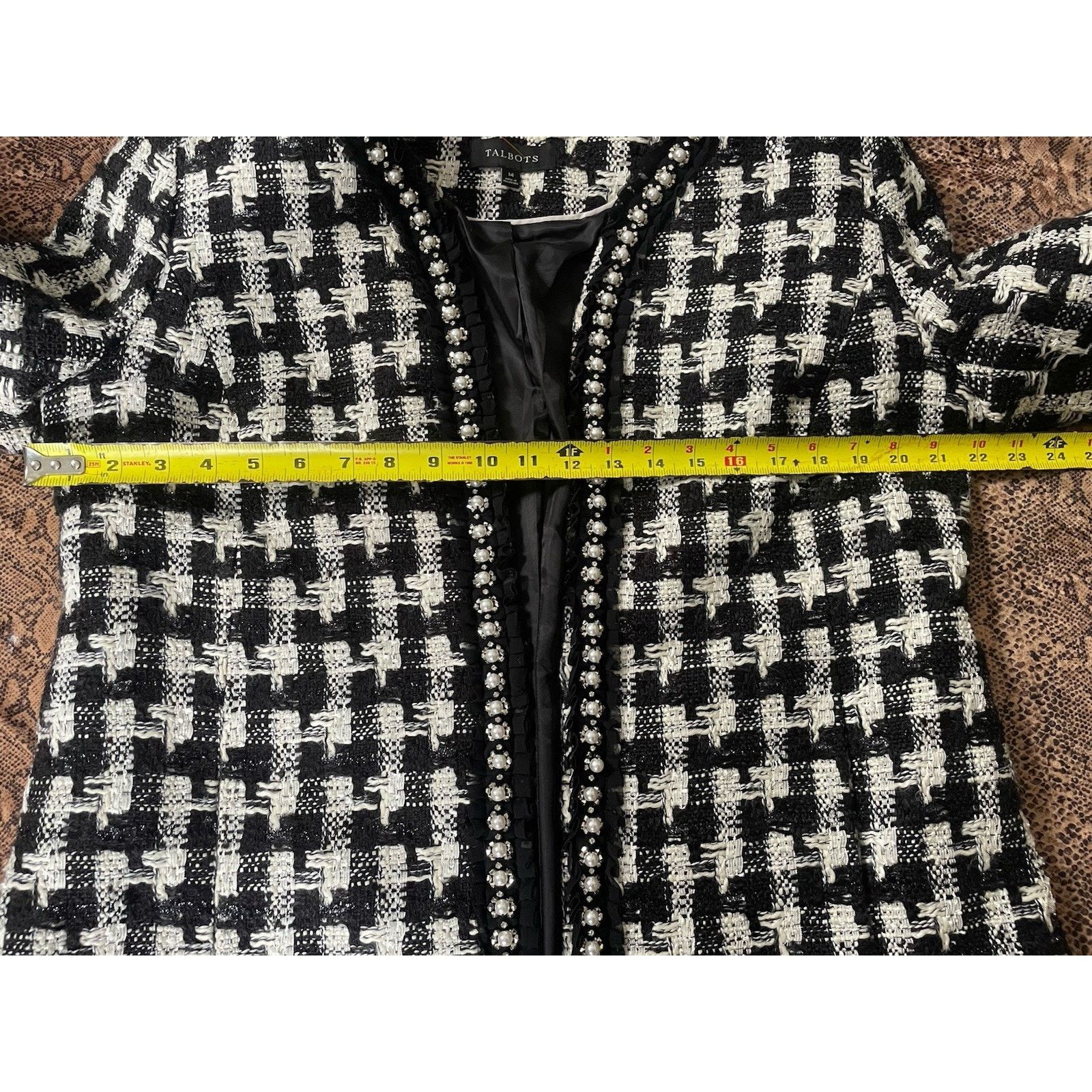 Talbots Talbots Houndstooth Black White Pearl Trim Tweed Blazer 14 Size XL / US 12-14 / IT 48-50 - 7 Thumbnail