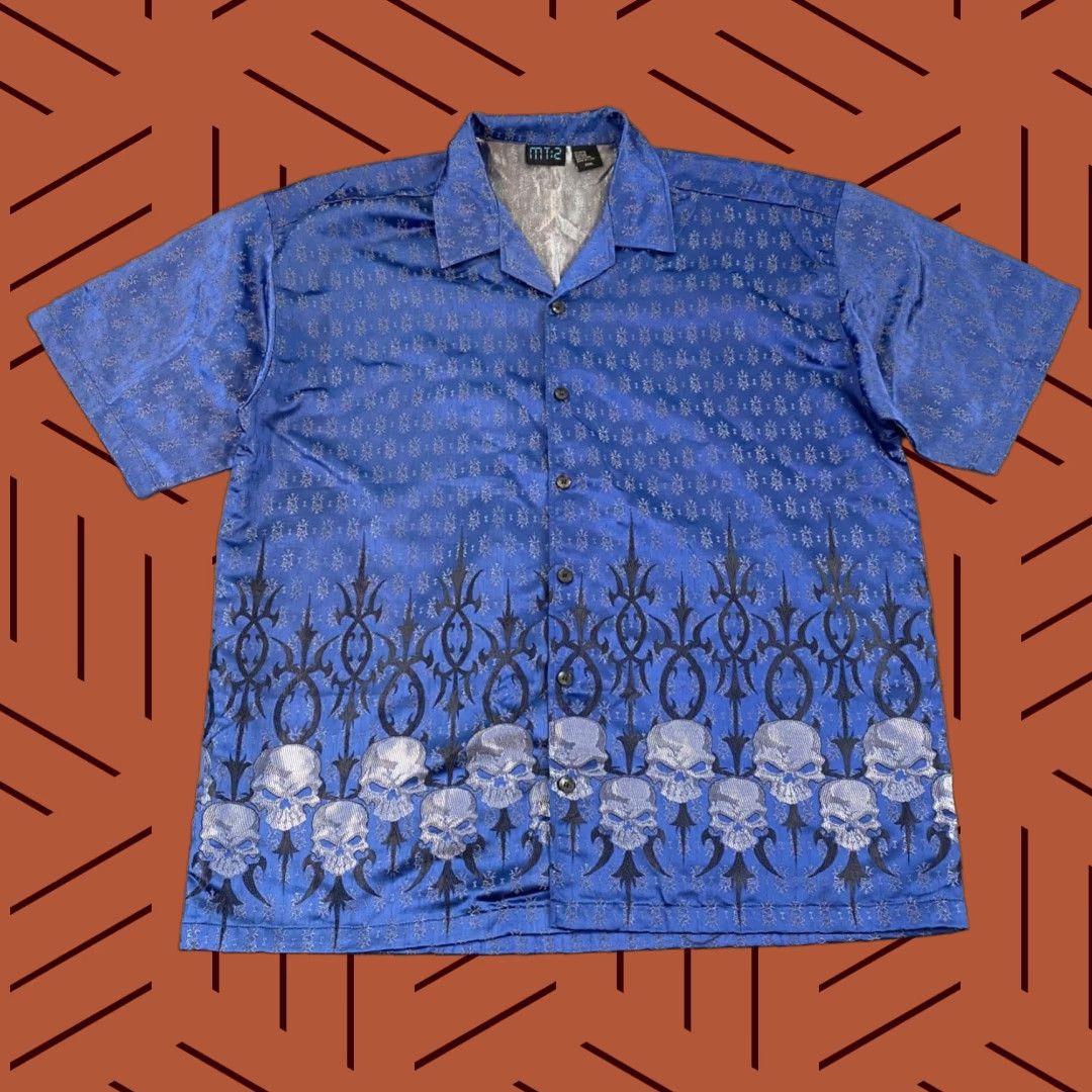 Vintage VINTAGE MT:2 Shirt Mens 3XL Blue All Over Skull Print Grunge Shiny Sword Button Up Y2K Size US M / EU 48-50 / 2 - 1 Thumbnail