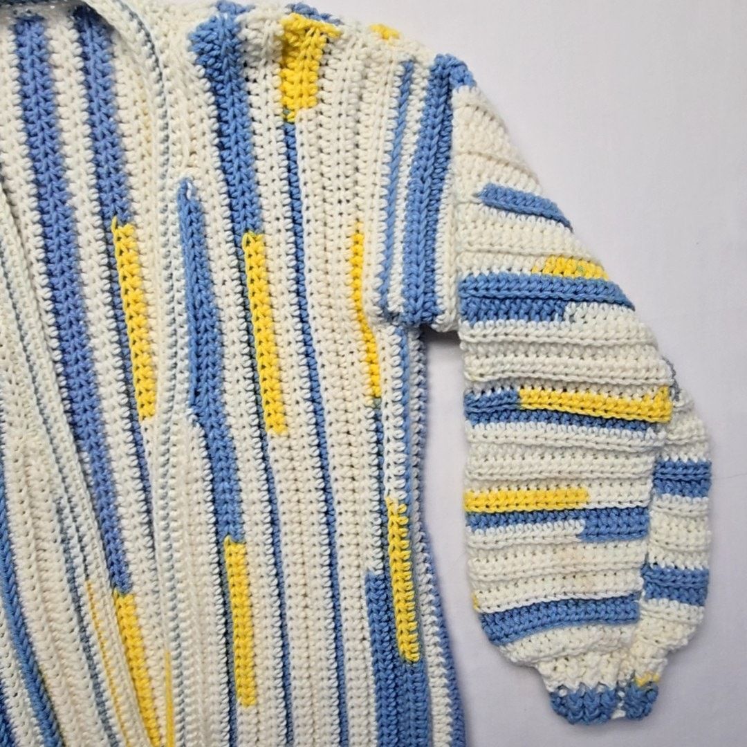 Handmade Knitted Cardigan Womens L Striped Blue White Sweater Size L / US 10 / IT 46 - 4 Thumbnail