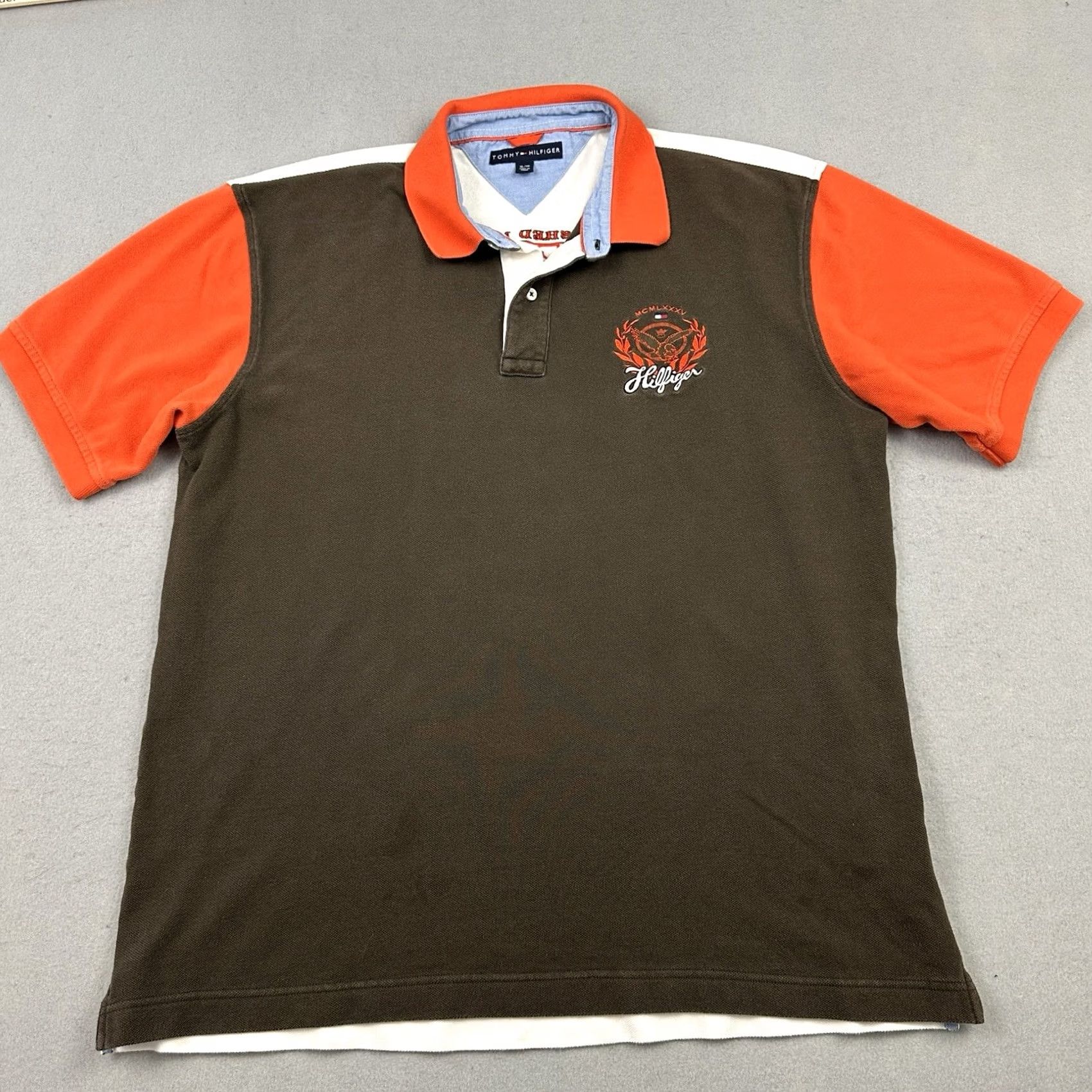 Tommy Hilfiger Vintage Tommy Hilfiger Polo Men XL Brown Orange Crest Embroidered Logo Short Sleeve Collared Button Cotton Casual Activewear Preppy Size US XL / EU 56 / 4 - 2 Thumbnail