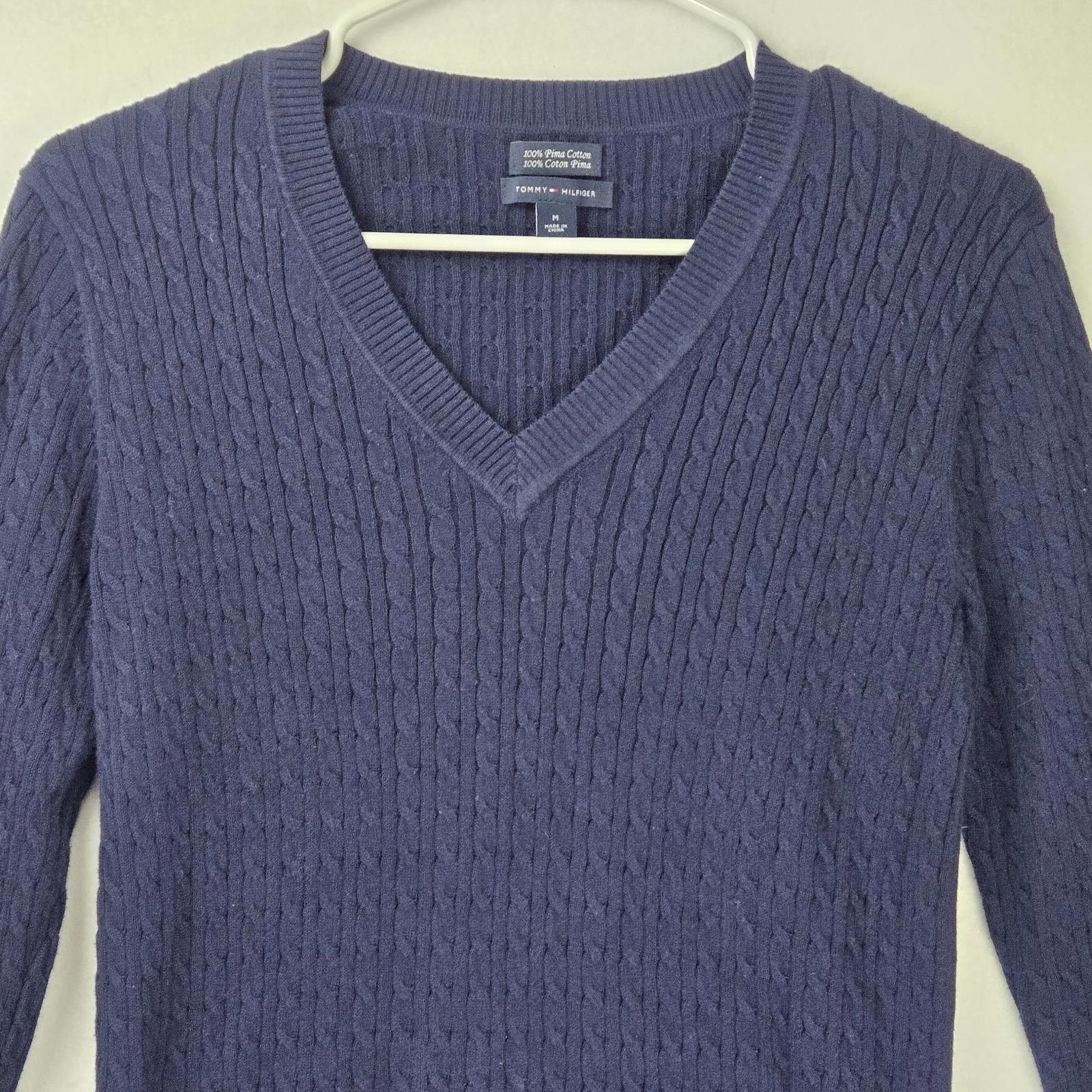 Tommy Hilfiger Tommy Hilfiger Navy V-Neck Cable Knit Sweater Womens M Pima Size M / US 6-8 / IT 42-44 - 3 Thumbnail