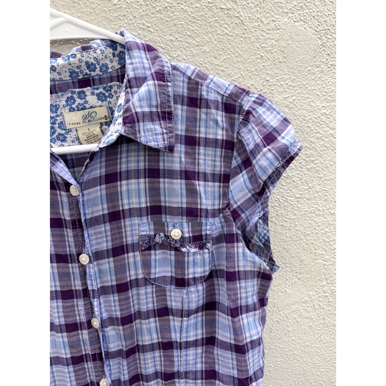 Vintage SO Blouse Shirt Purple Plaid Cap Sleeve Collared 2000s Y2K Women Regular L XS? Size L / US 10 / IT 46 - 2 Thumbnail