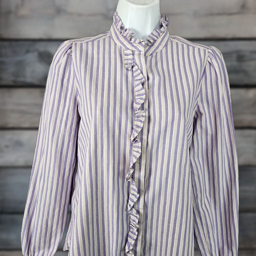 Loft Ann Taylor LOFT Womens Button Up Top XS Purple Stripe Ruffles Cotton Size XS / US 0-2 / IT 36-38 - 1 Thumbnail