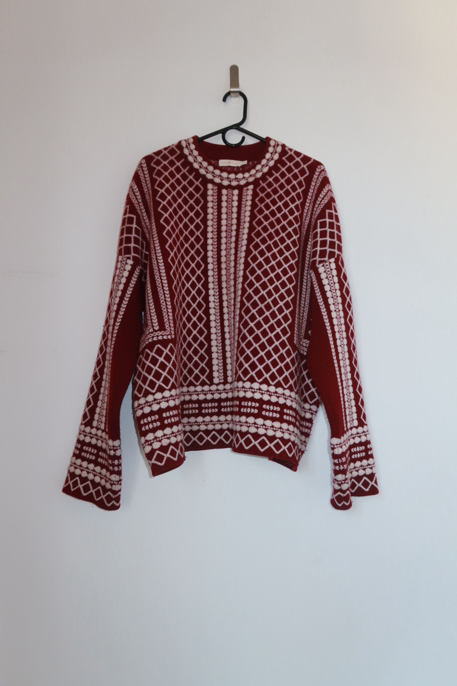 image of Tory Burch Merino Wool Jacquard Sweater in Cranberry Burgundy, Women's (Size XL)